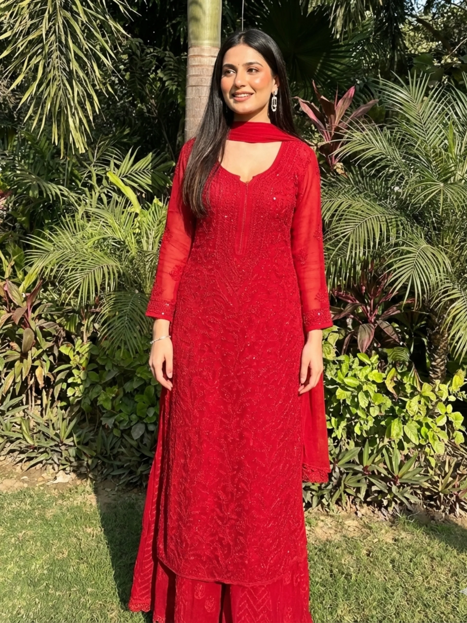 Forbidden Red Full Sleeves Chikankari Kurta Set (Set of 3) - Image 15