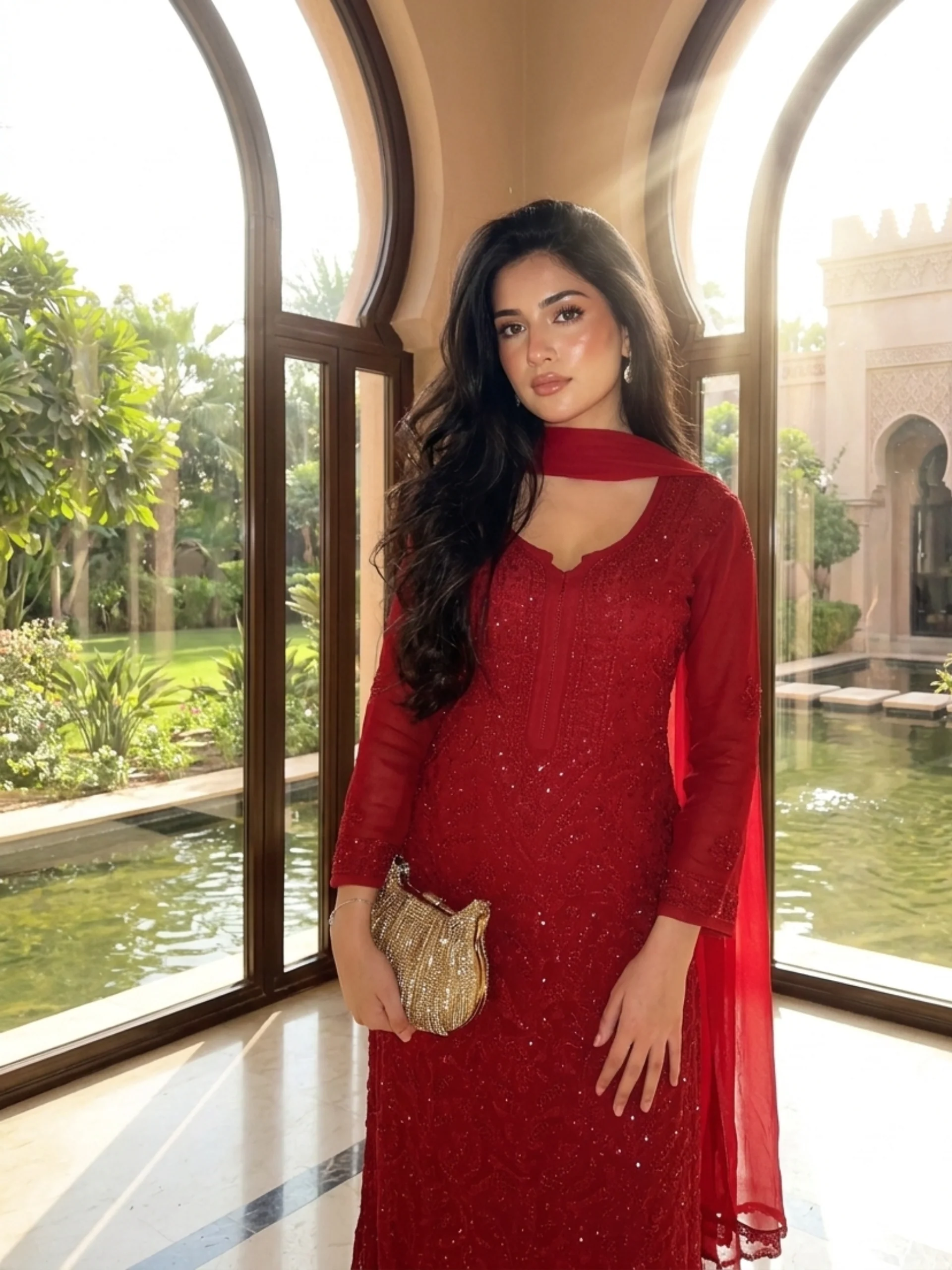 Forbidden Red Full Sleeves Chikankari Kurta Set (Set of 3) - Image 6