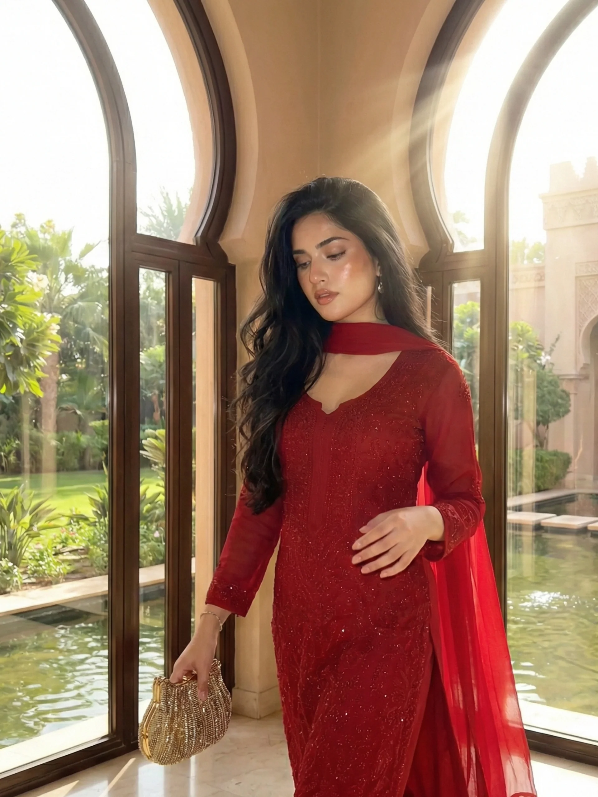 Forbidden Red Full Sleeves Chikankari Kurta Set (Set of 3) - Image 7