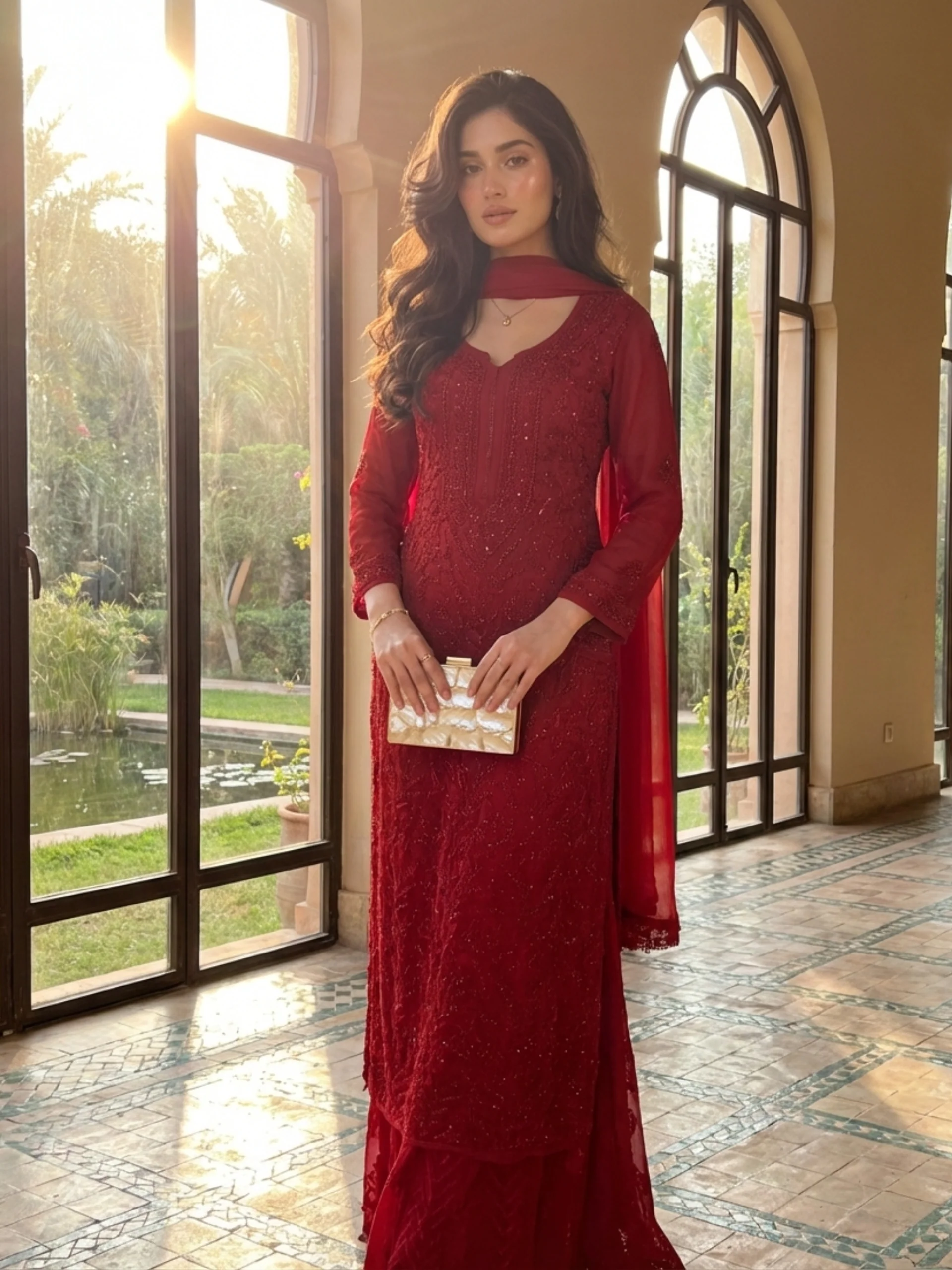 Forbidden Red Full Sleeves Chikankari Kurta Set (Set of 3) - Image 8