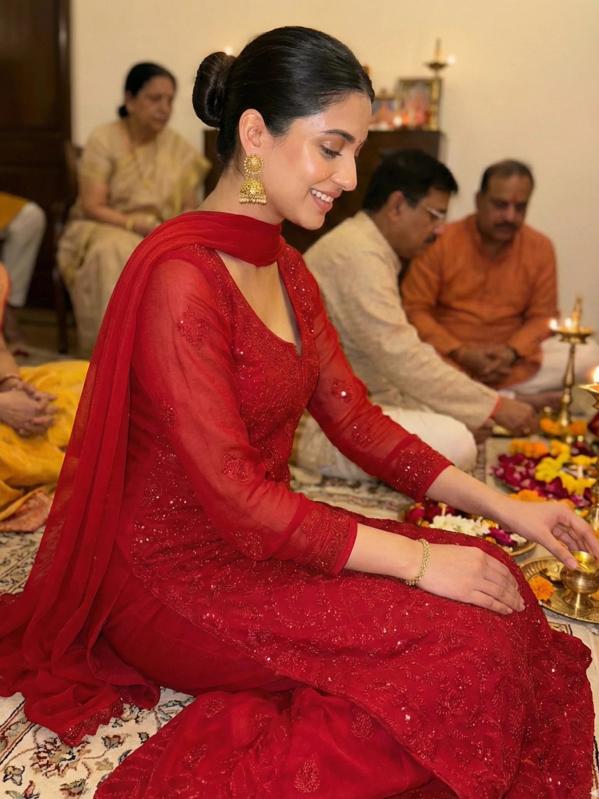 Forbidden Red Full Sleeves Chikankari Kurta Set (Set of 3) - Image 9