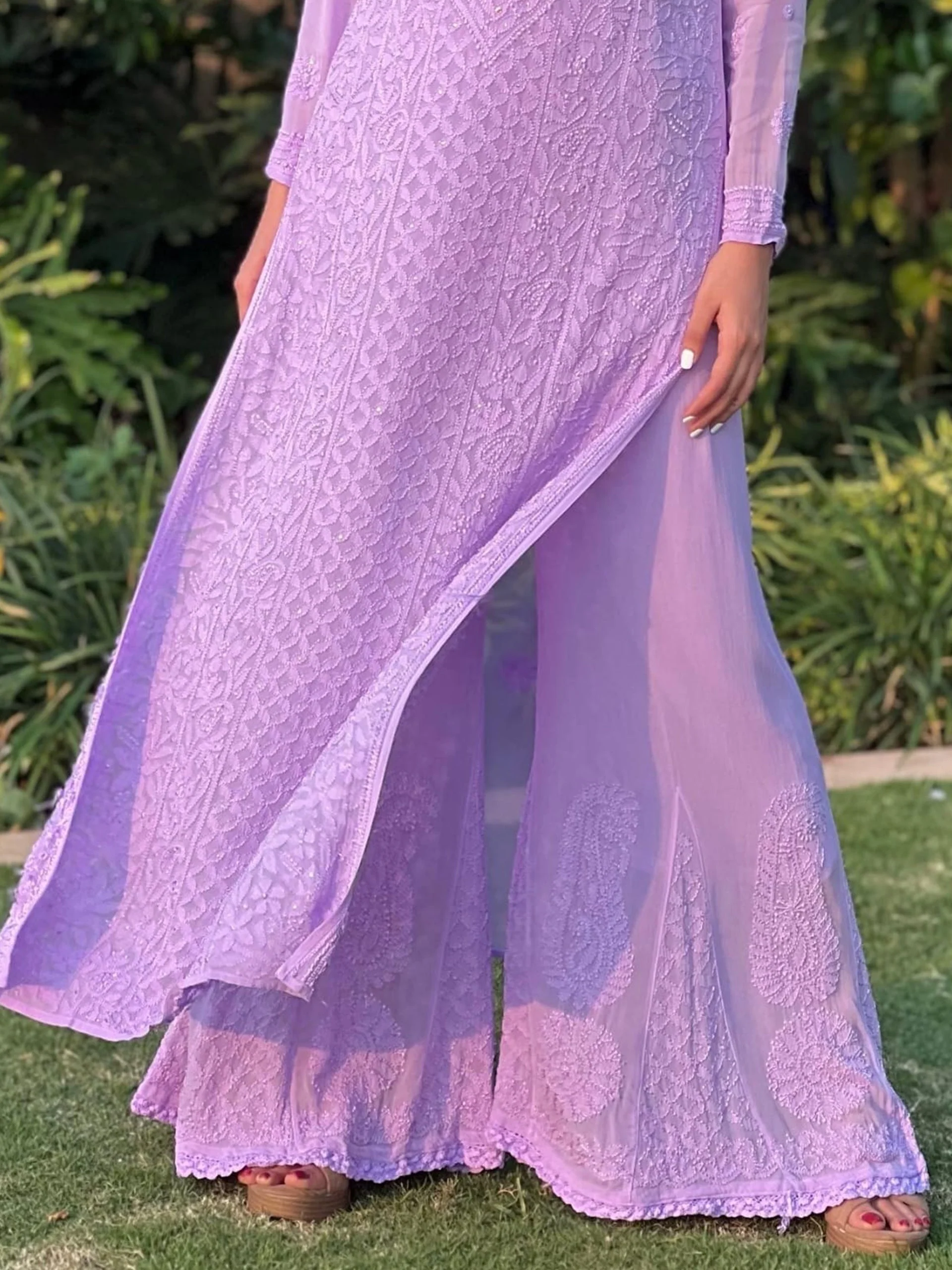 French Lavender Chikankari & Mukaish Kurta Set (Set of 3) - Image 5