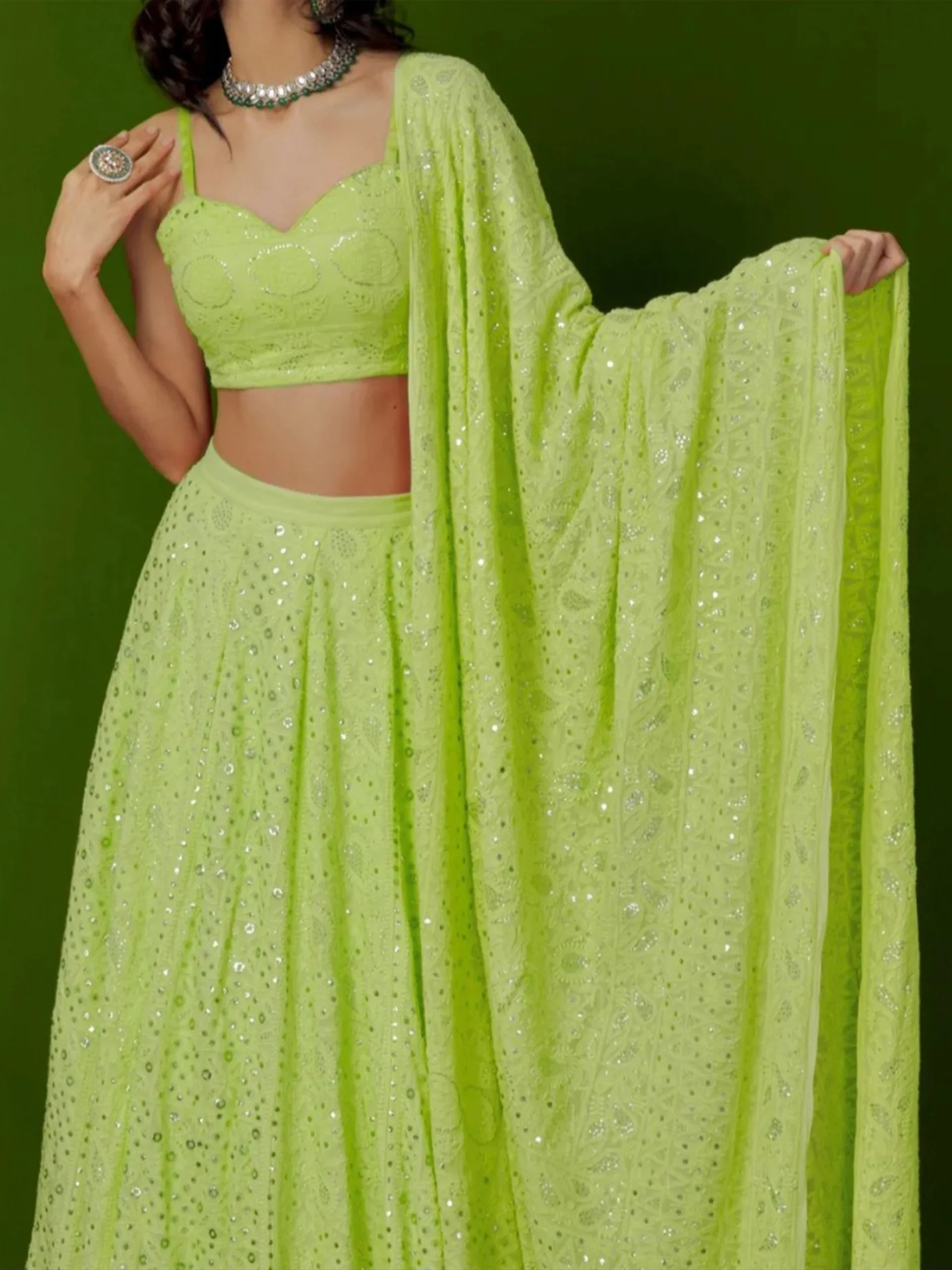 Hawaiian Lime Chikankari & Mukaish Lehenga Set - Image 3