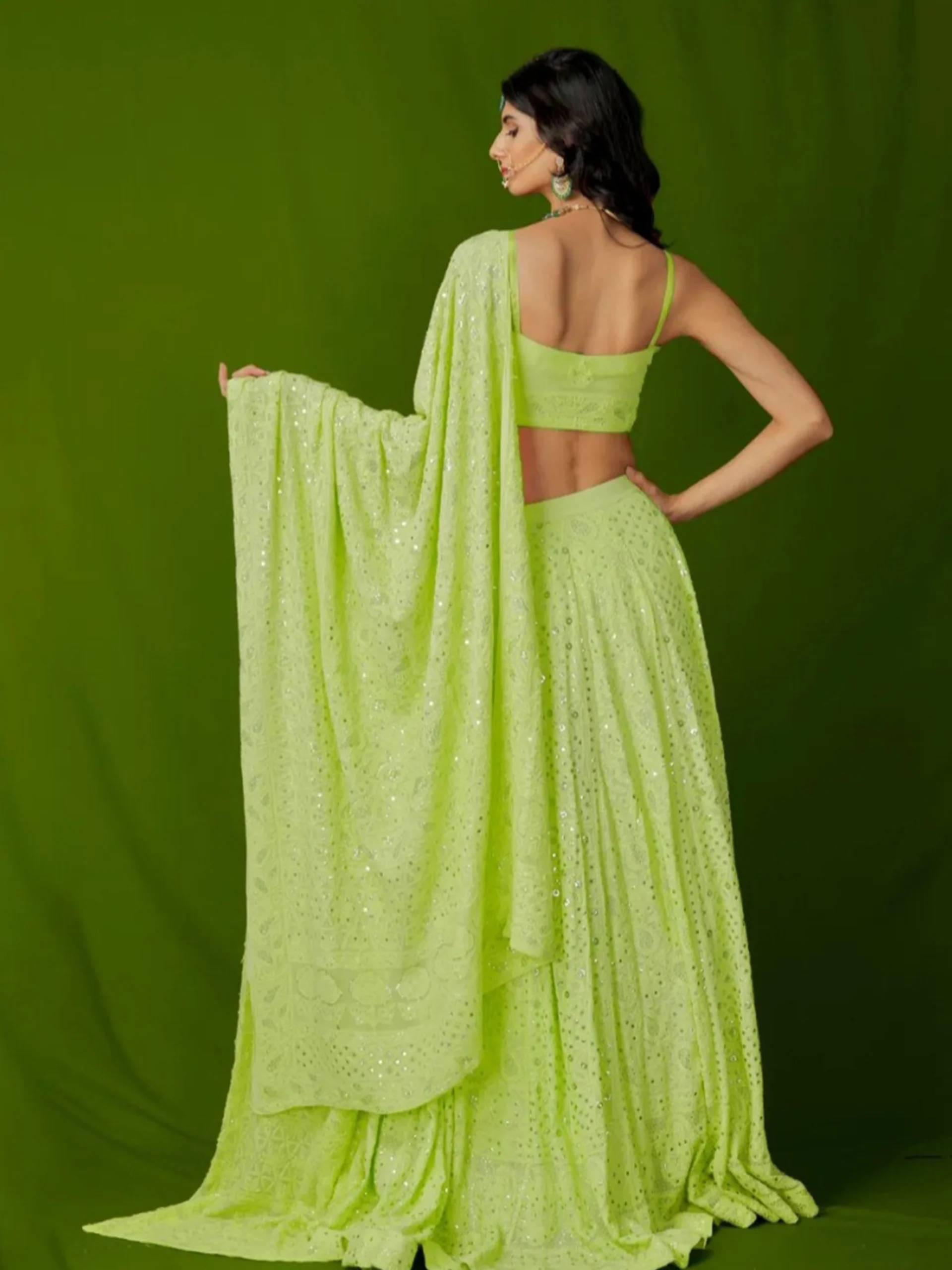 Hawaiian Lime Chikankari & Mukaish Lehenga Set - Image 4