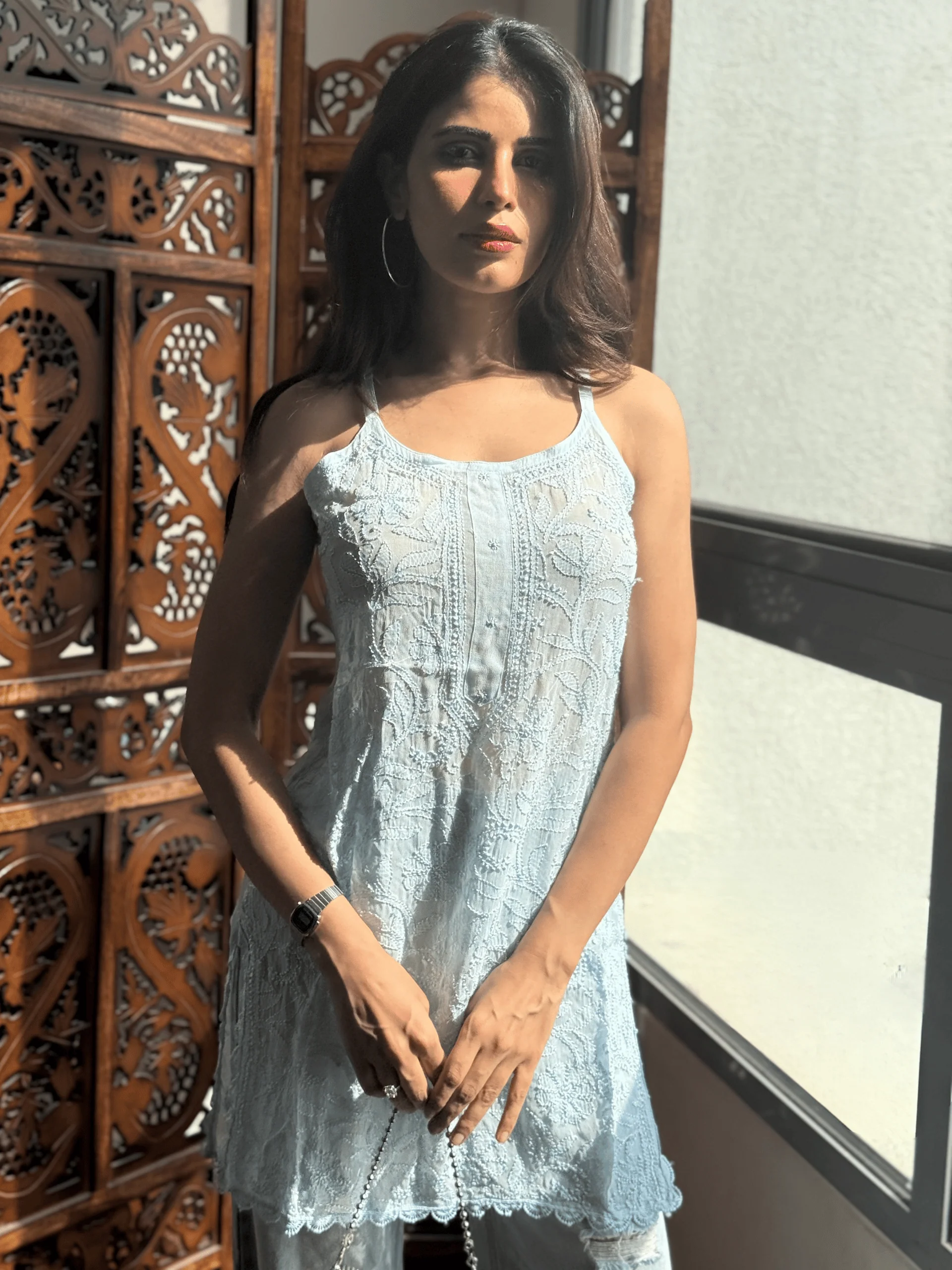 Icy Blue Summer Sorbet Chikankari Short Kurta - Image 3