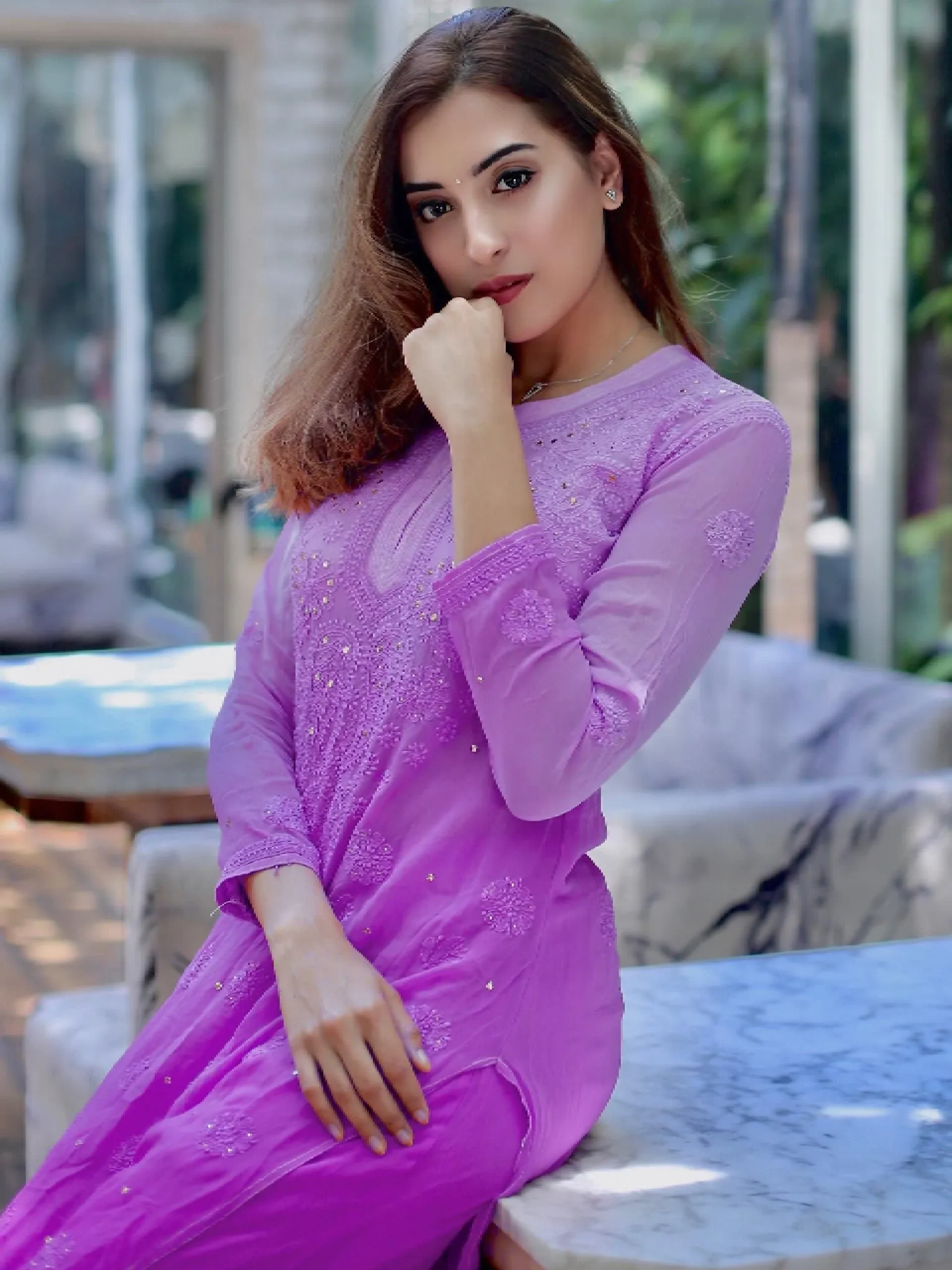 Lavender Frost Ombré Chikankari Kurta Set - Image 3