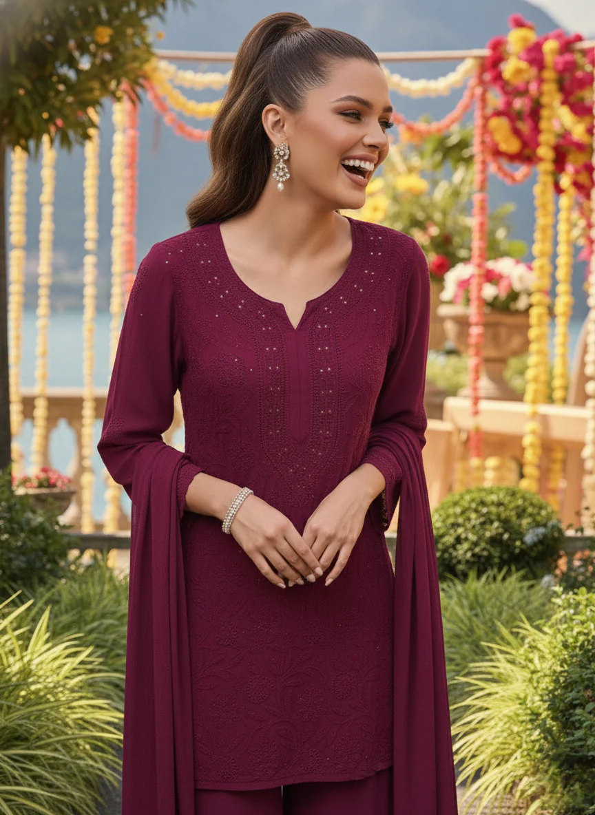 Mulled Wine Short Chikankari Kurta-Sharara Set - Image 4