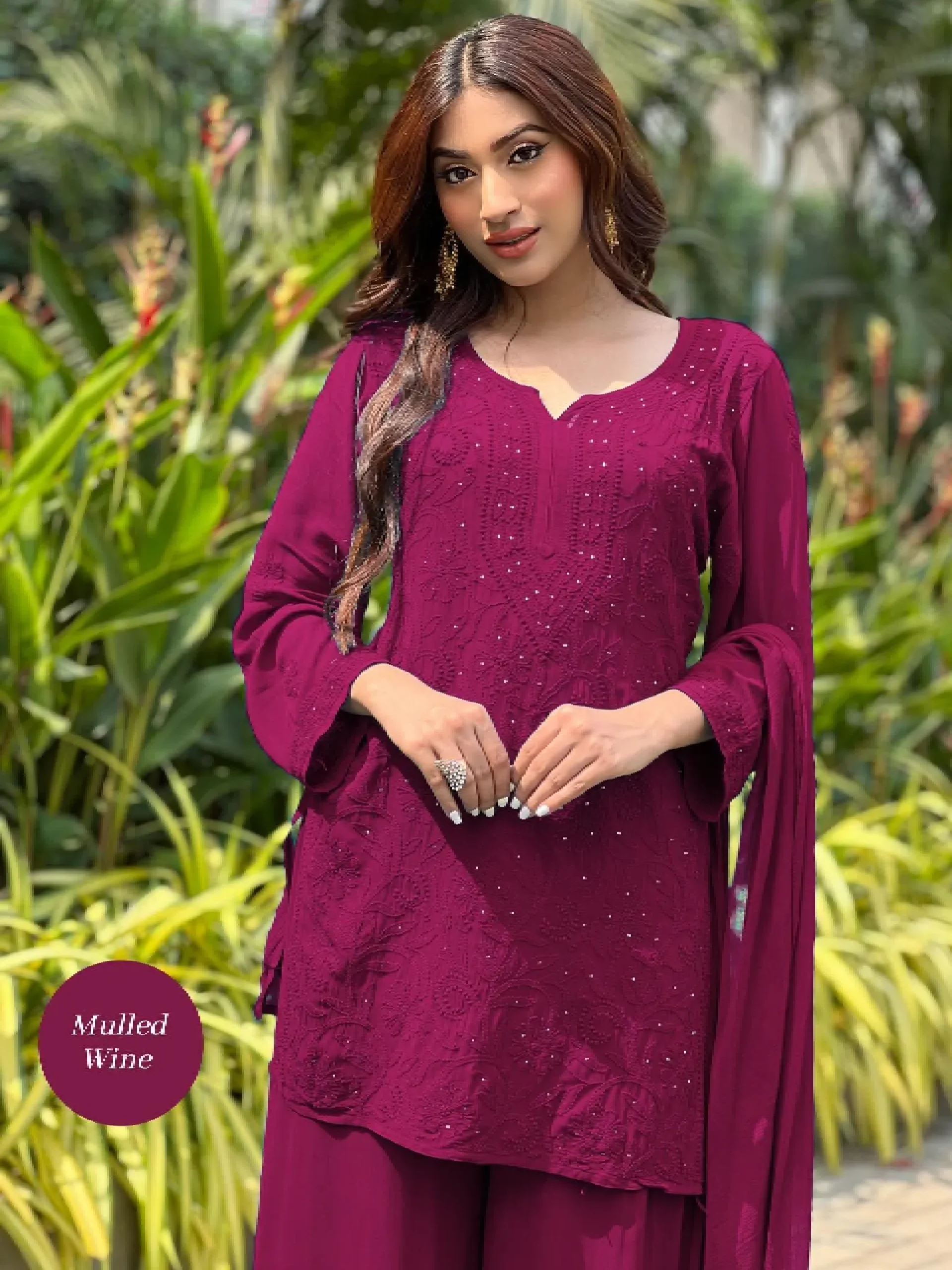 Mulled Wine Short Chikankari Kurta-Sharara Set - Image 5