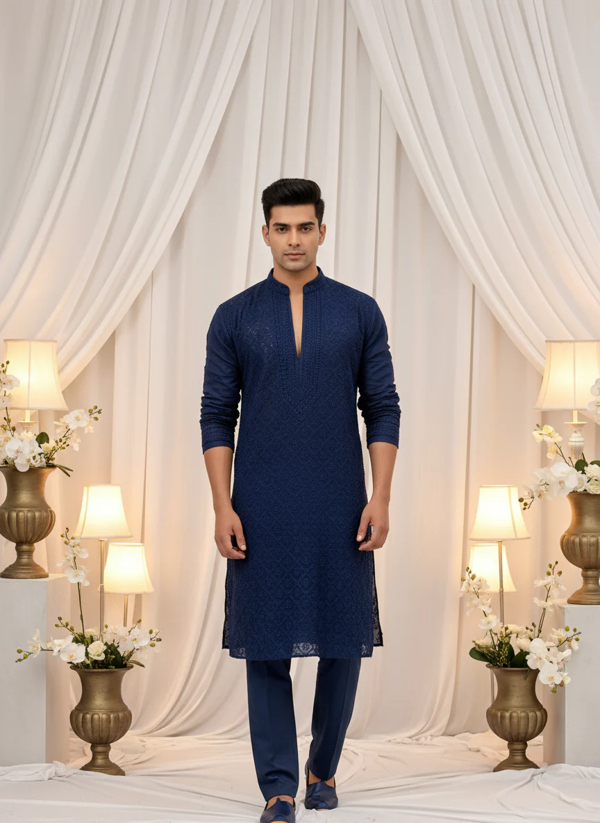 Noir Navy Mens Chikankari Hand-embroidered Kurta - Image 3