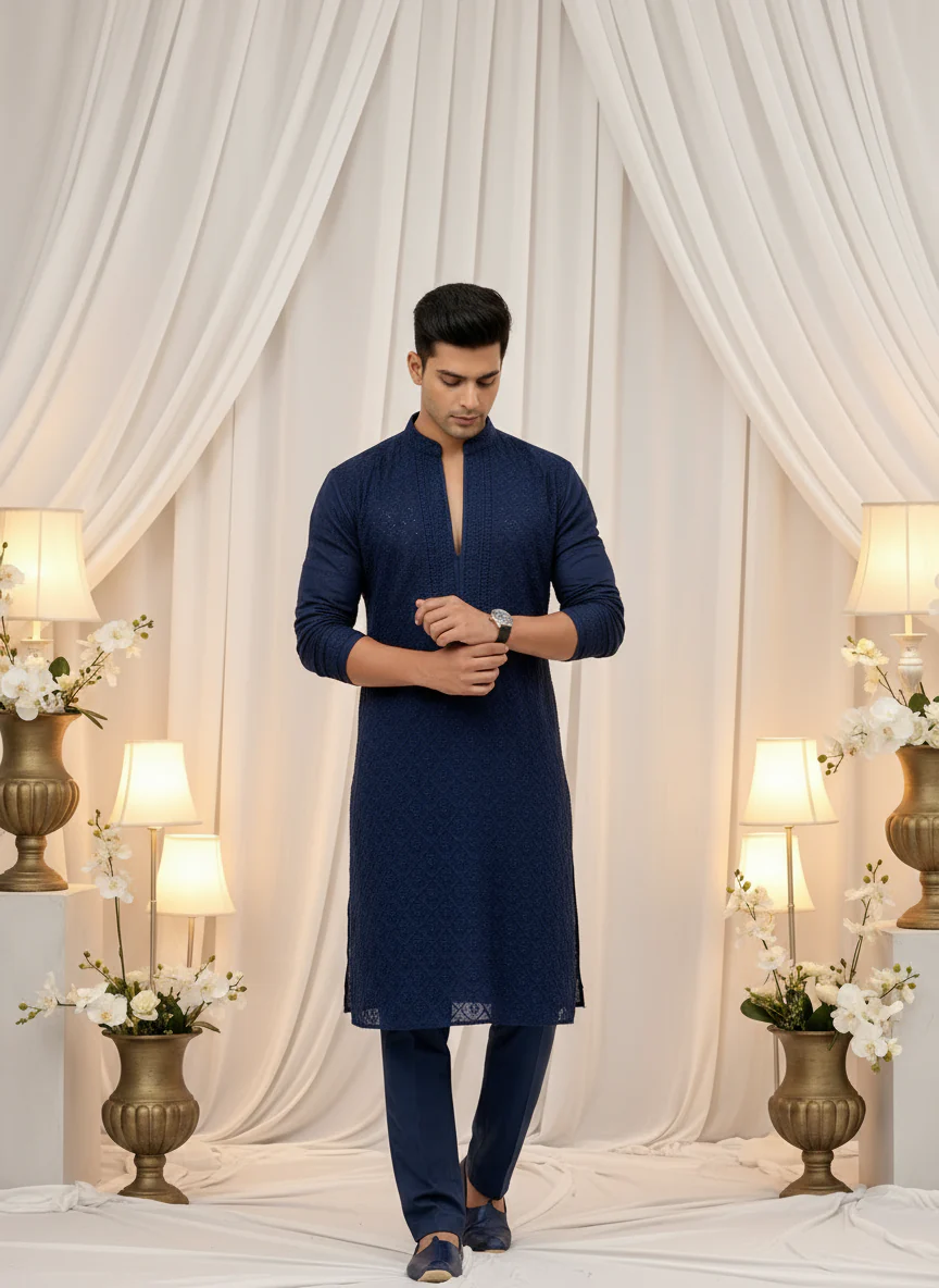 Noir Navy Mens Chikankari Hand-embroidered Kurta - Image 4