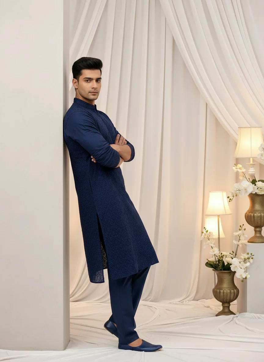 Noir Navy Mens Chikankari Hand-embroidered Kurta - Image 5