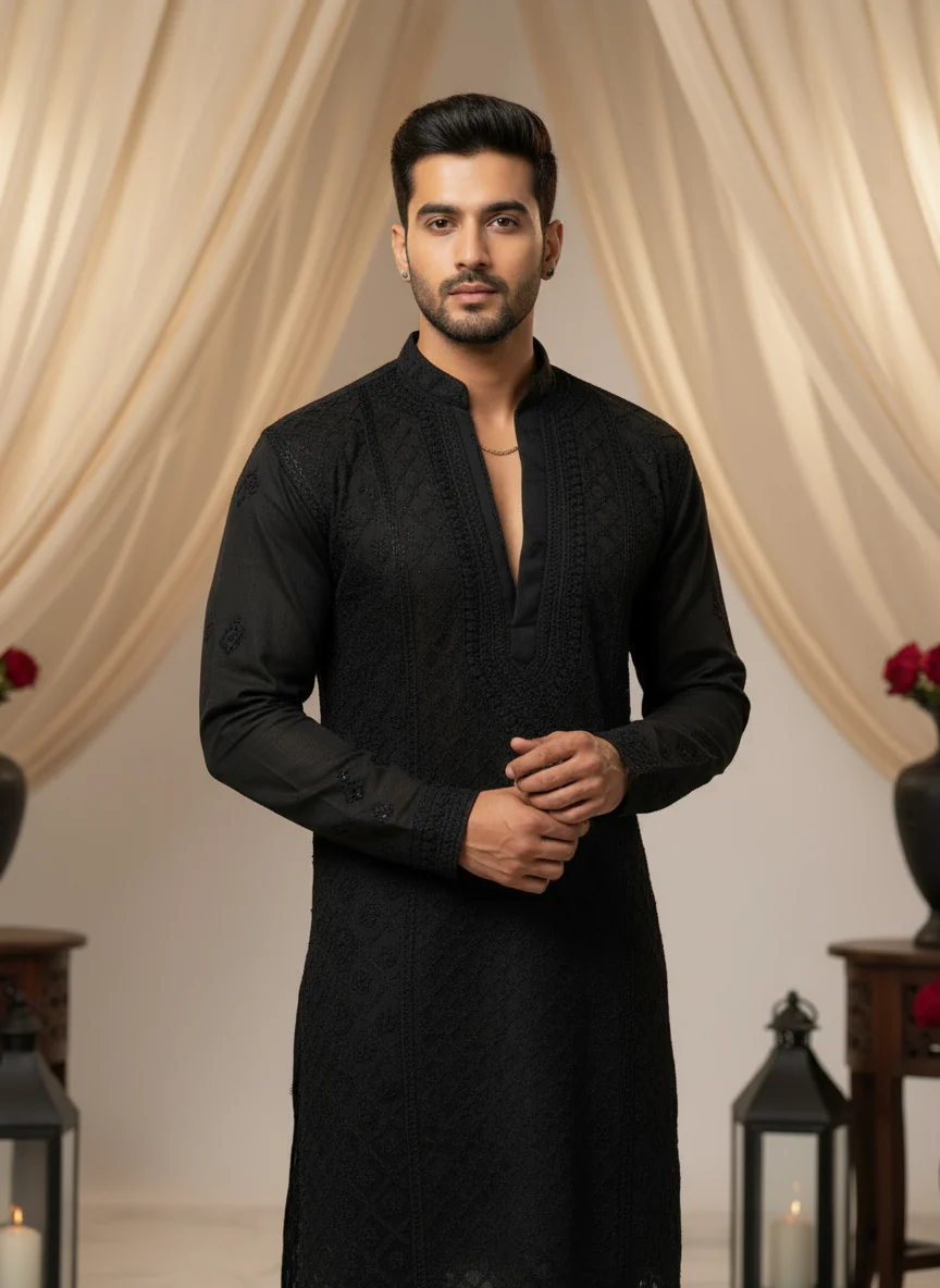 Obsidian Mens Chikankari Hand-embroidered Kurta - Image 3