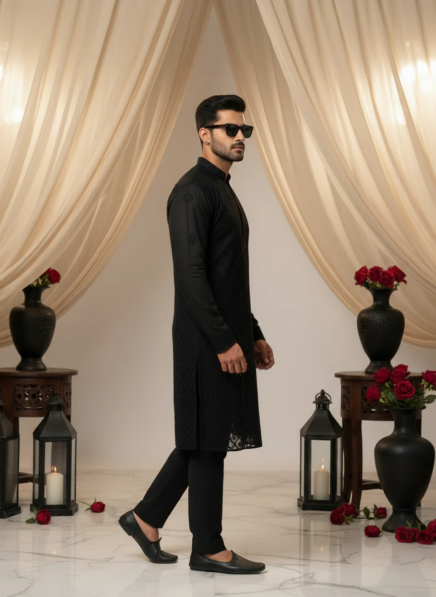 Obsidian Mens Chikankari Hand-embroidered Kurta - Image 4