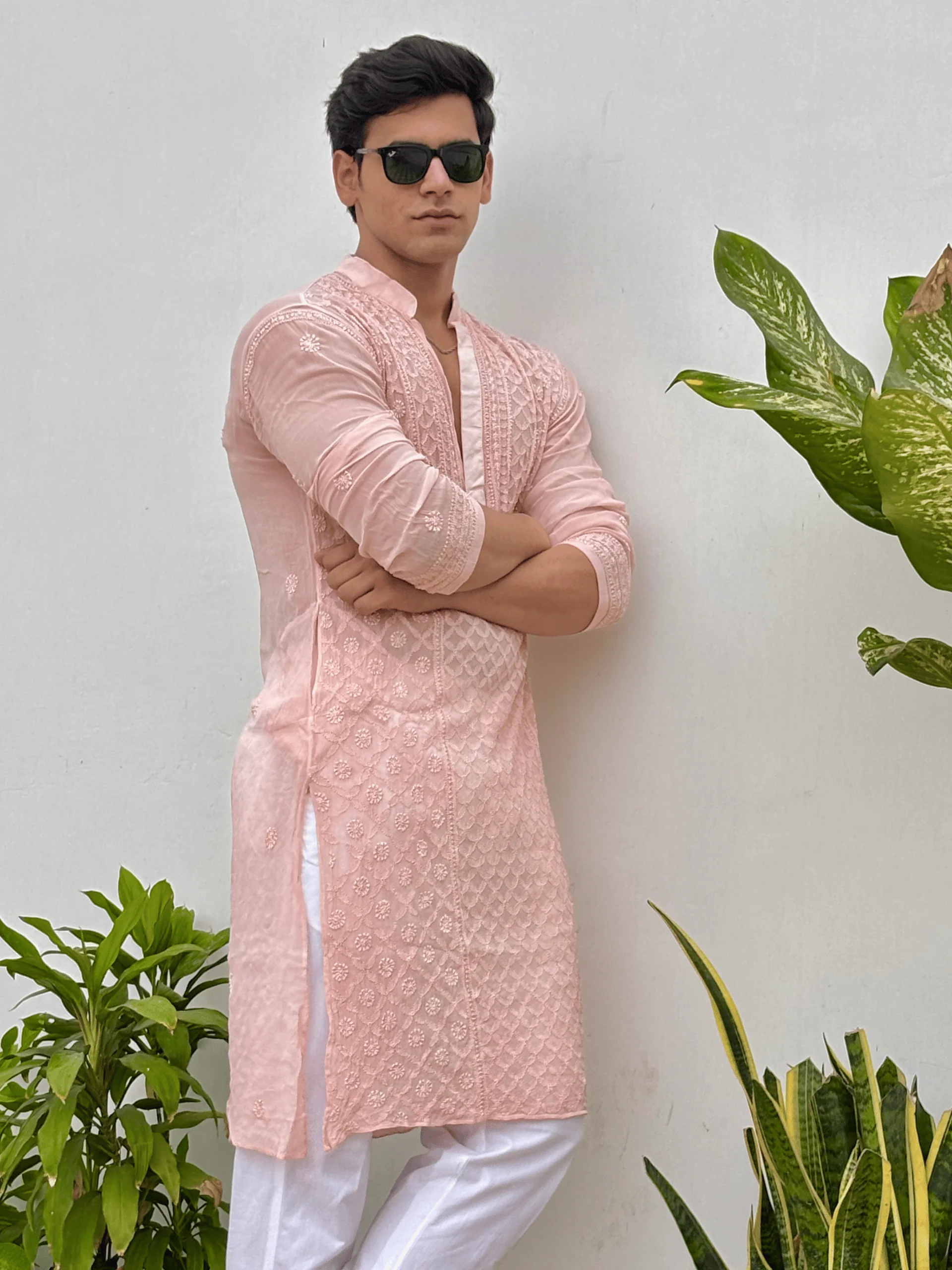 Old Rose Ember Mens Chikankari Hand-embroidered Kurta - Image 3