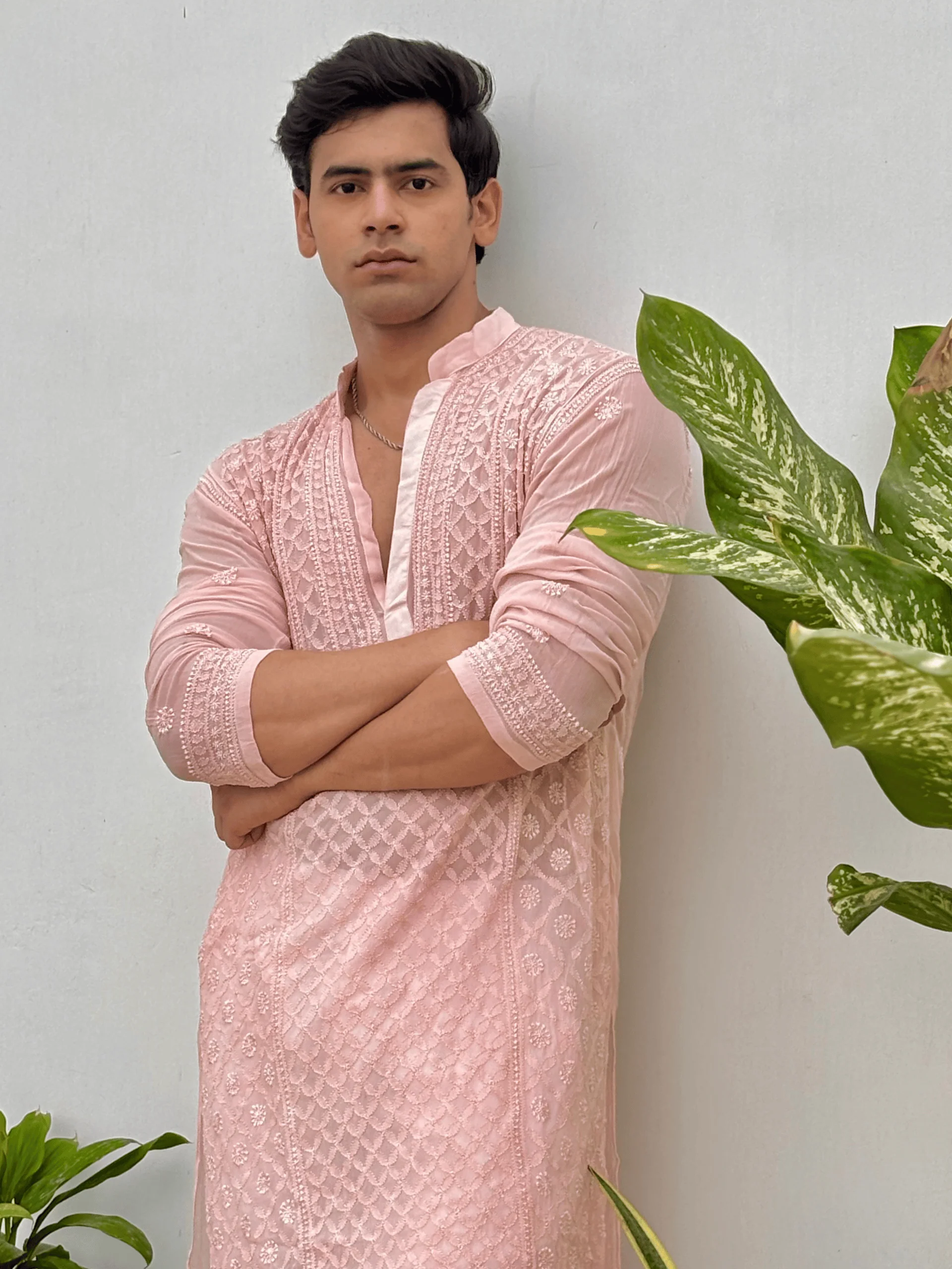 Old Rose Ember Mens Chikankari Hand-embroidered Kurta - Image 4