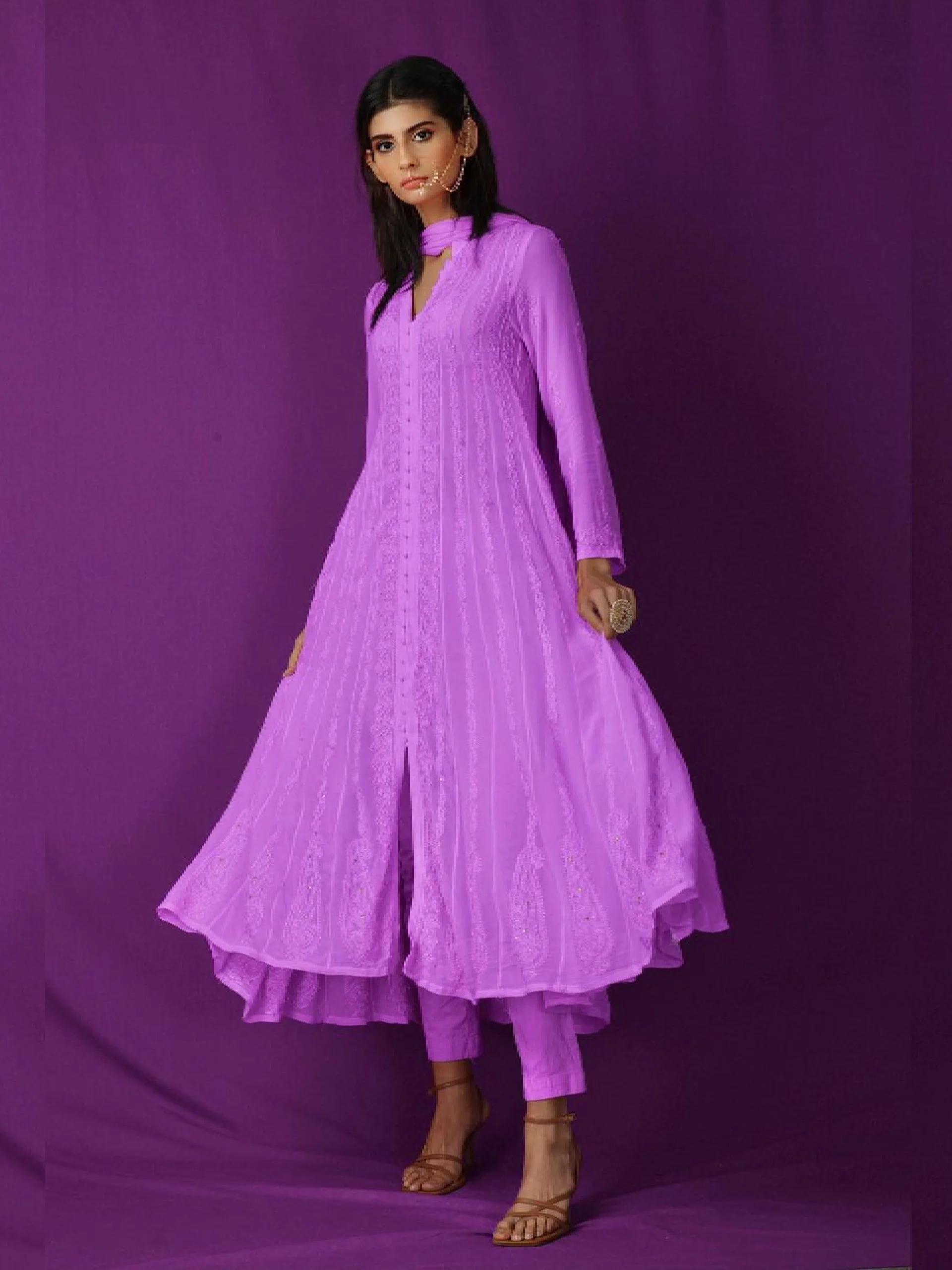 Orchid Petal Anarkali Chikankari Kurta Set - Image 3