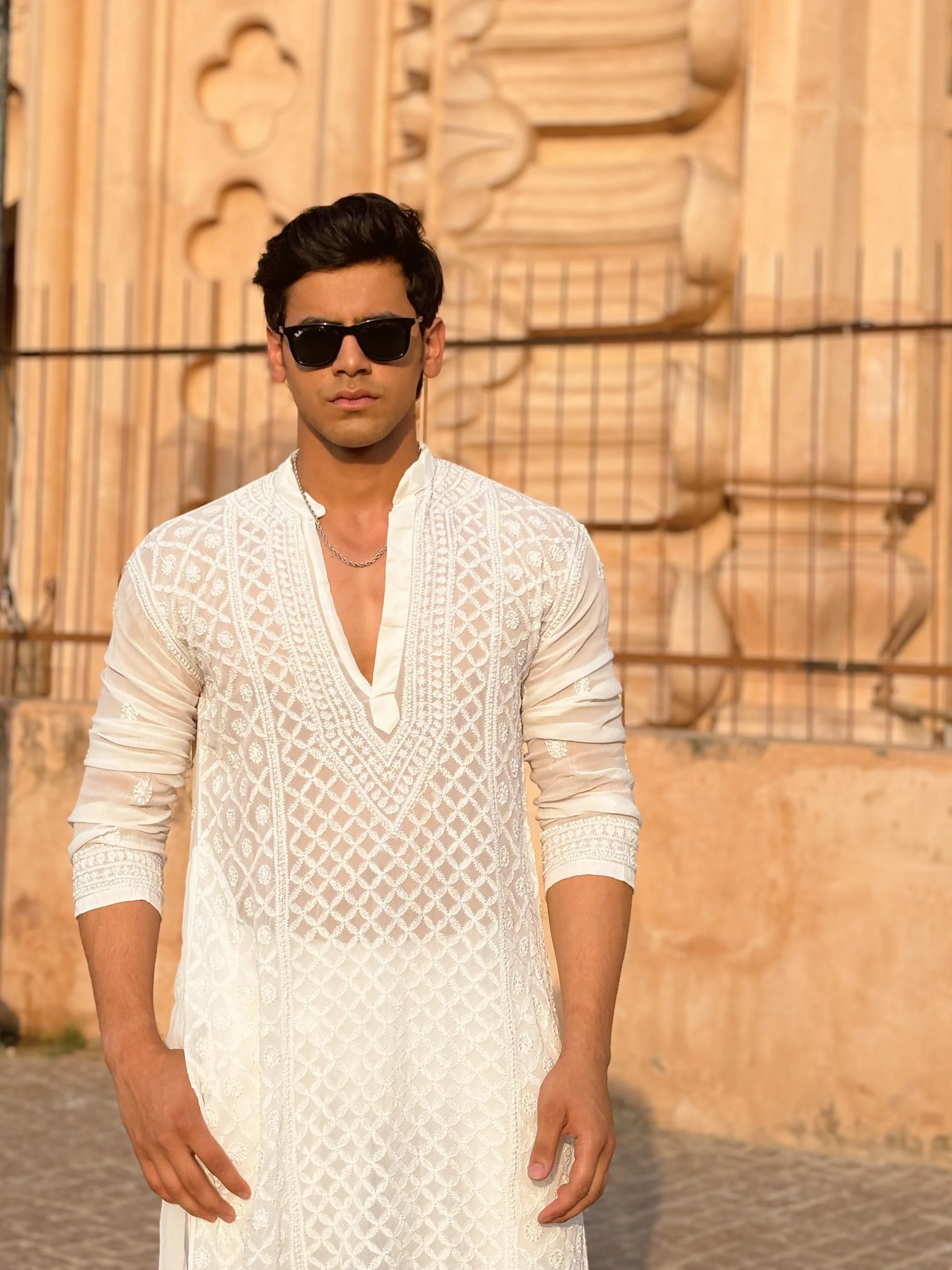 Orion White Mens Chikankari Hand-embroidered Kurta - Image 3