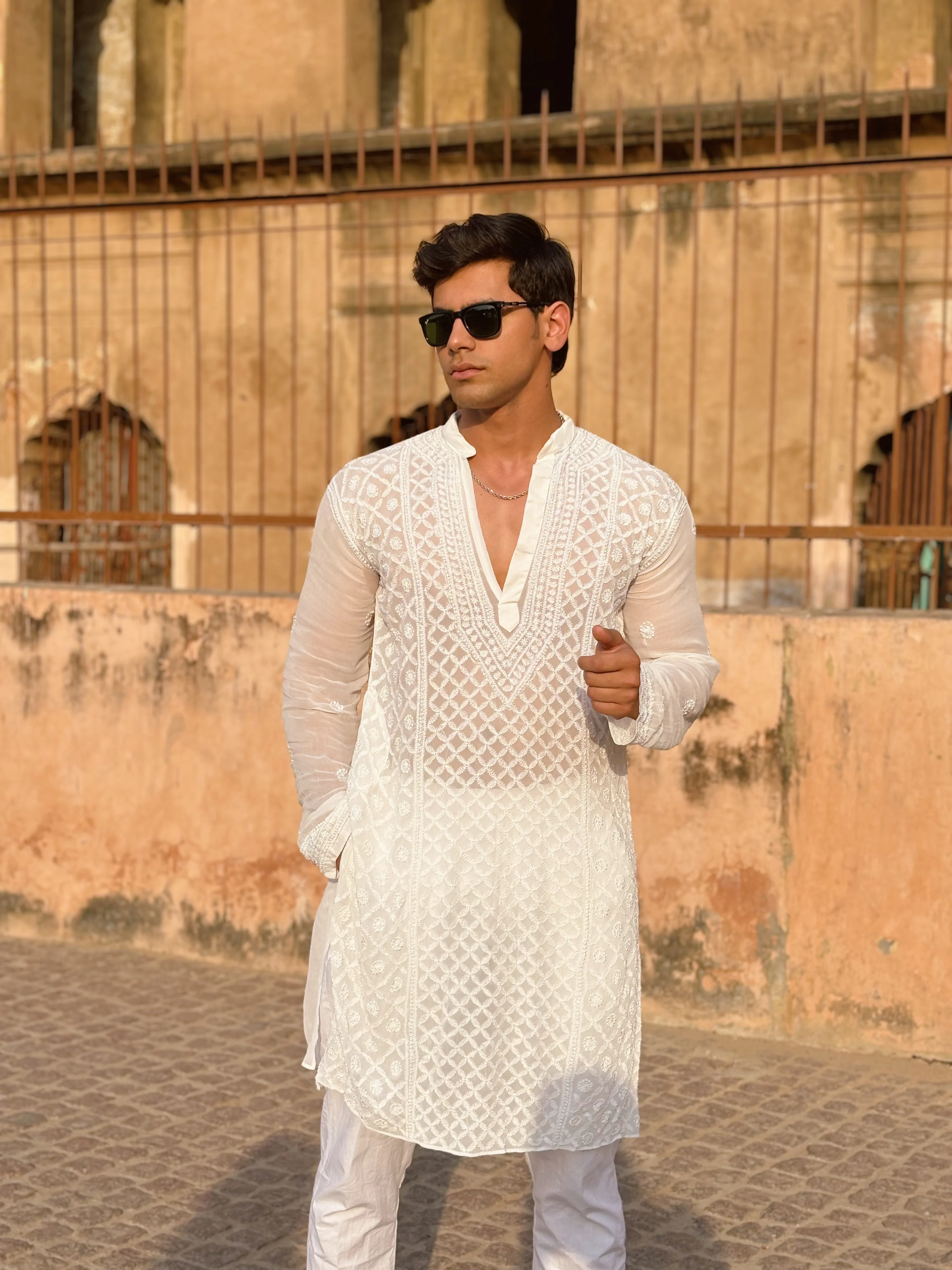 Orion White Mens Chikankari Hand-embroidered Kurta - Image 4