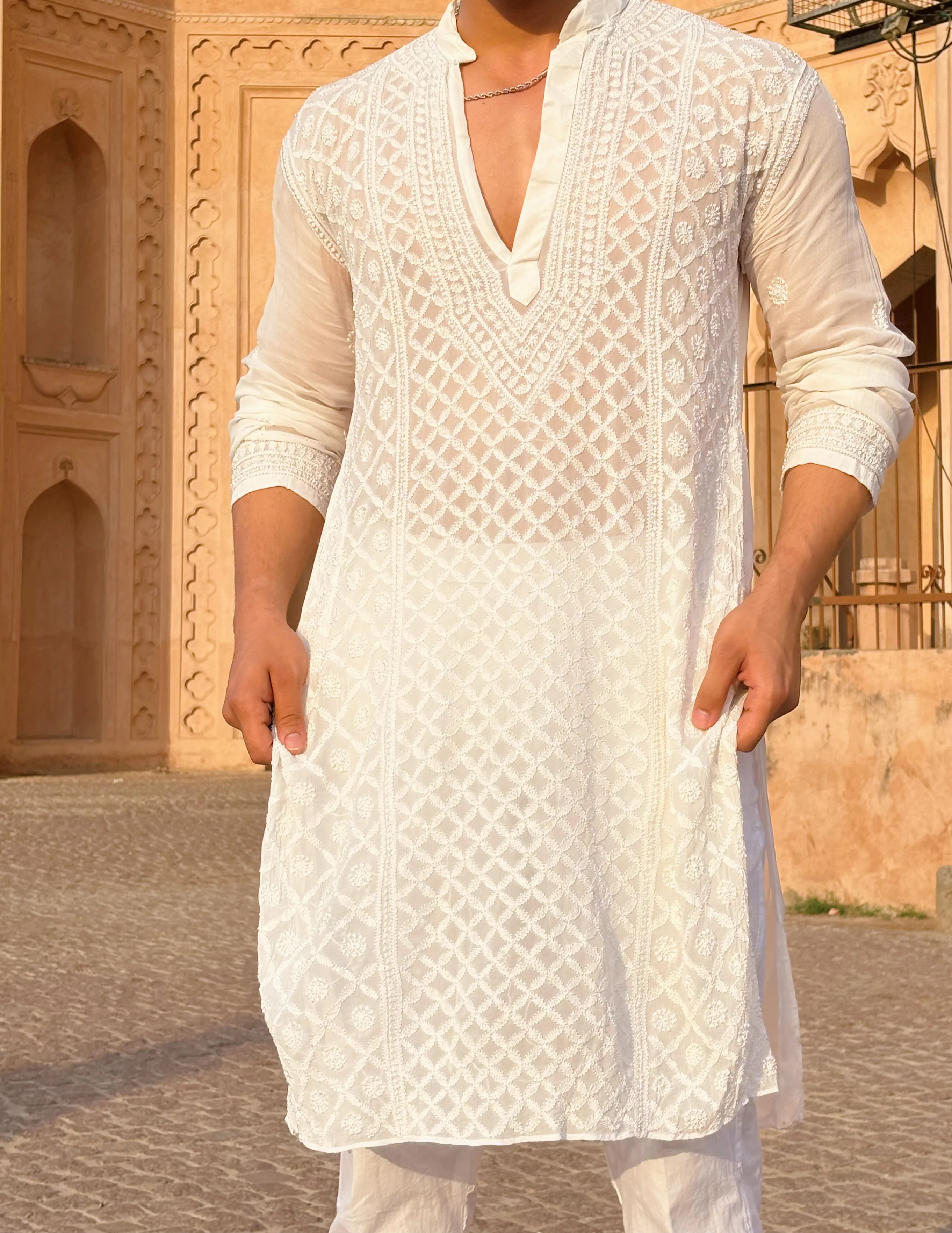 Orion White Mens Chikankari Hand-embroidered Kurta - Image 5