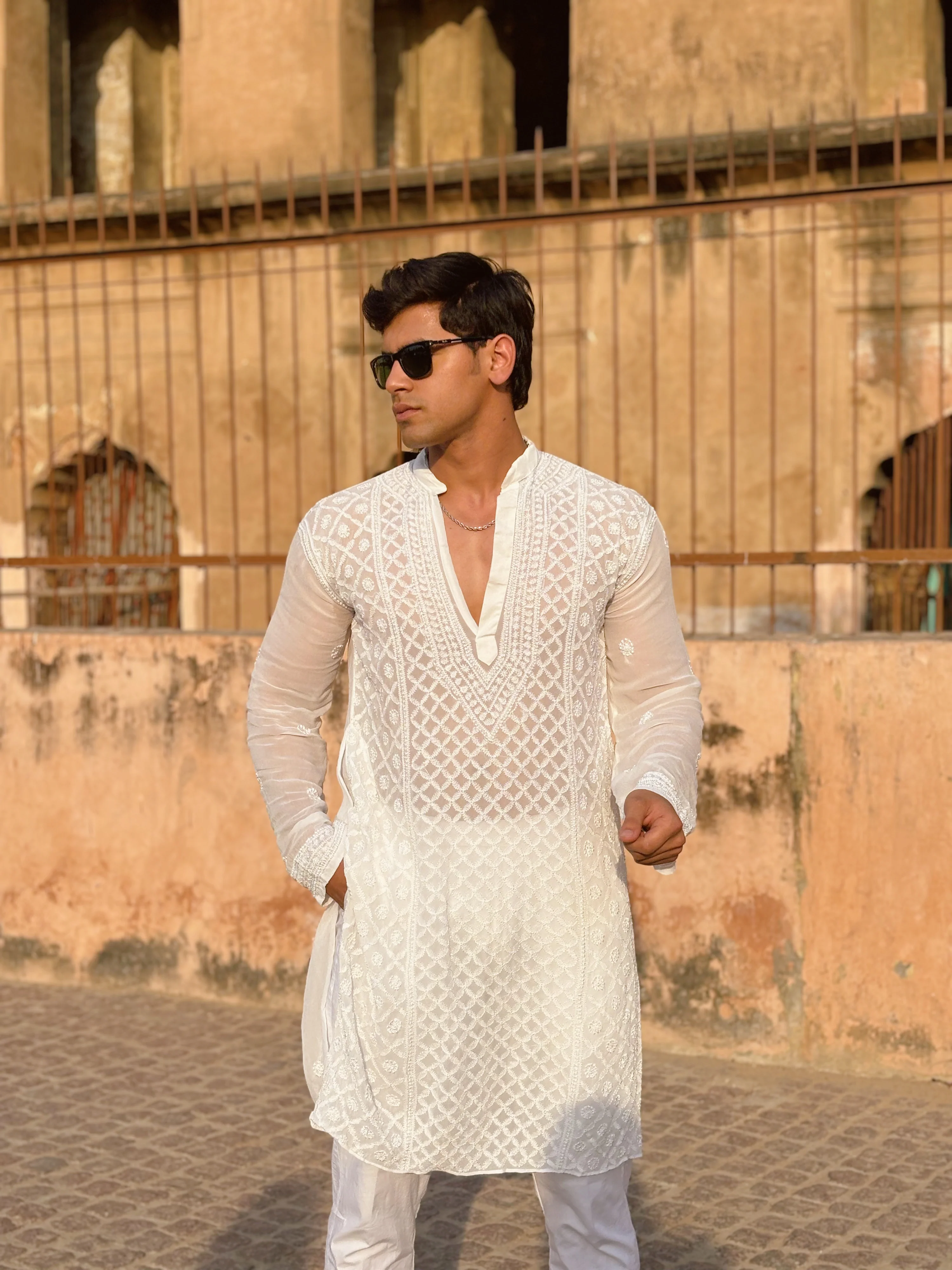 Orion White Mens Chikankari Hand-embroidered Kurta - Image 8