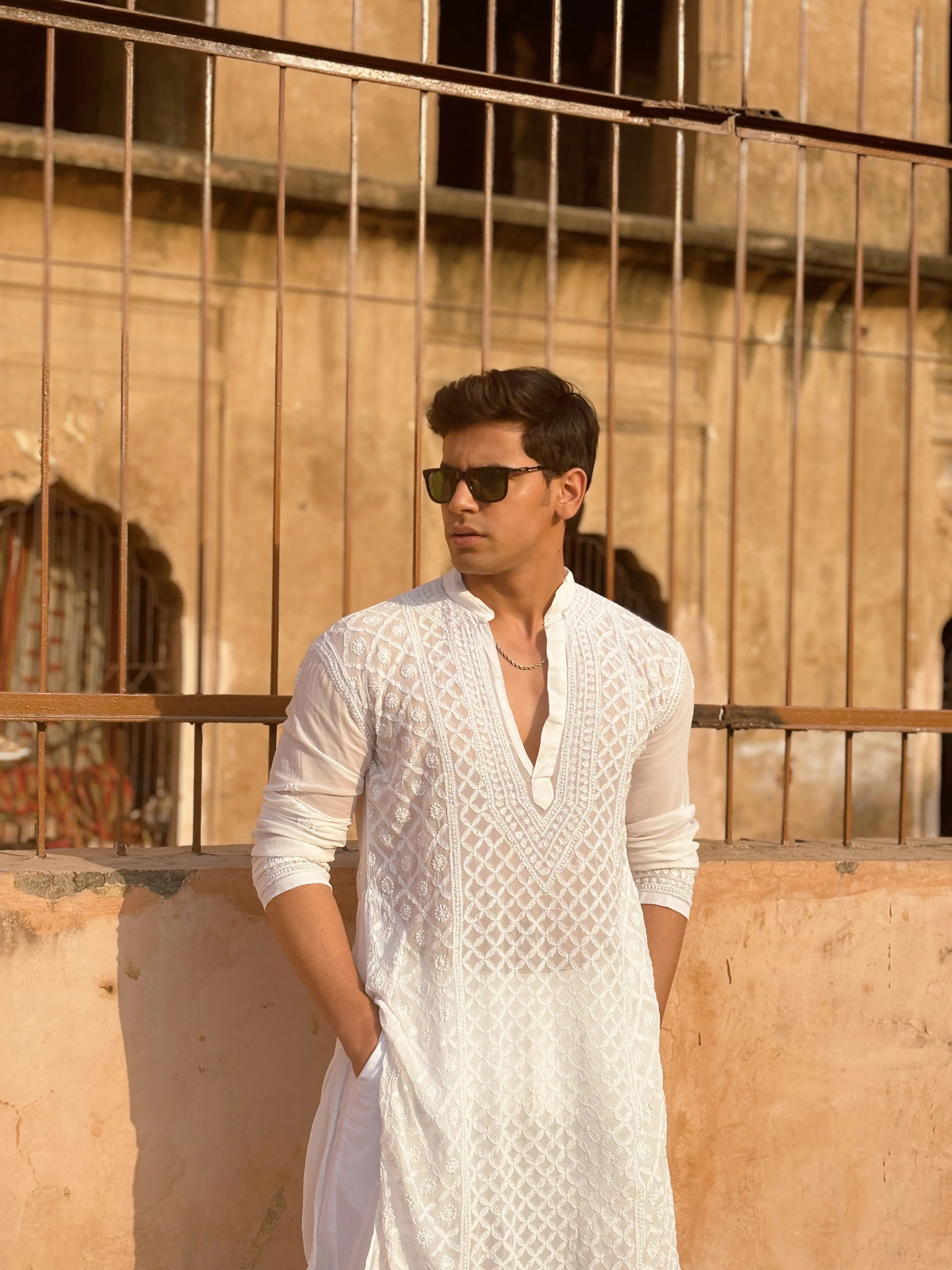 Orion White Mens Chikankari Hand-embroidered Kurta - Image 9