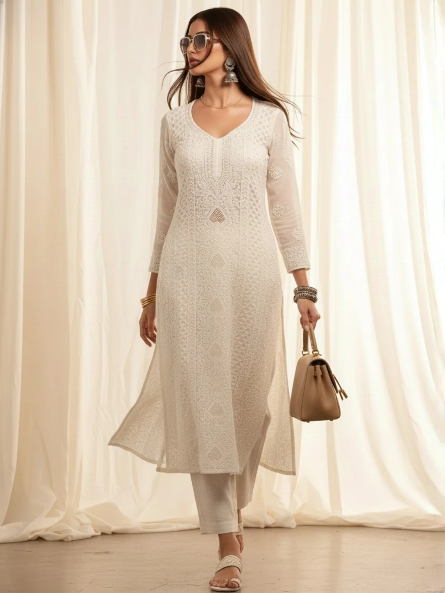 Pecan Gold Full Sleeves Chikankari Kurta - Image 4