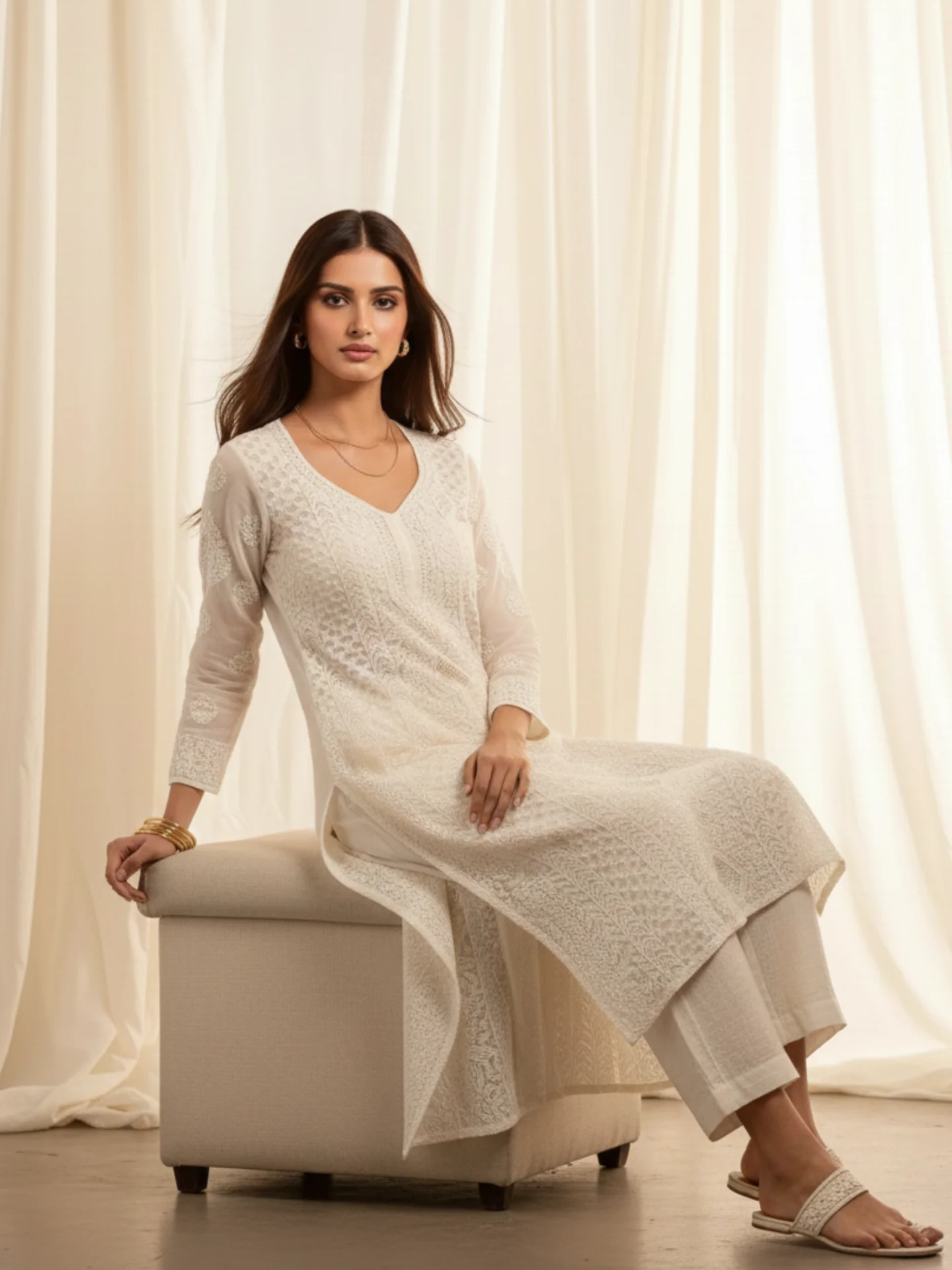 Pecan Gold Full Sleeves Chikankari Kurta - Image 8