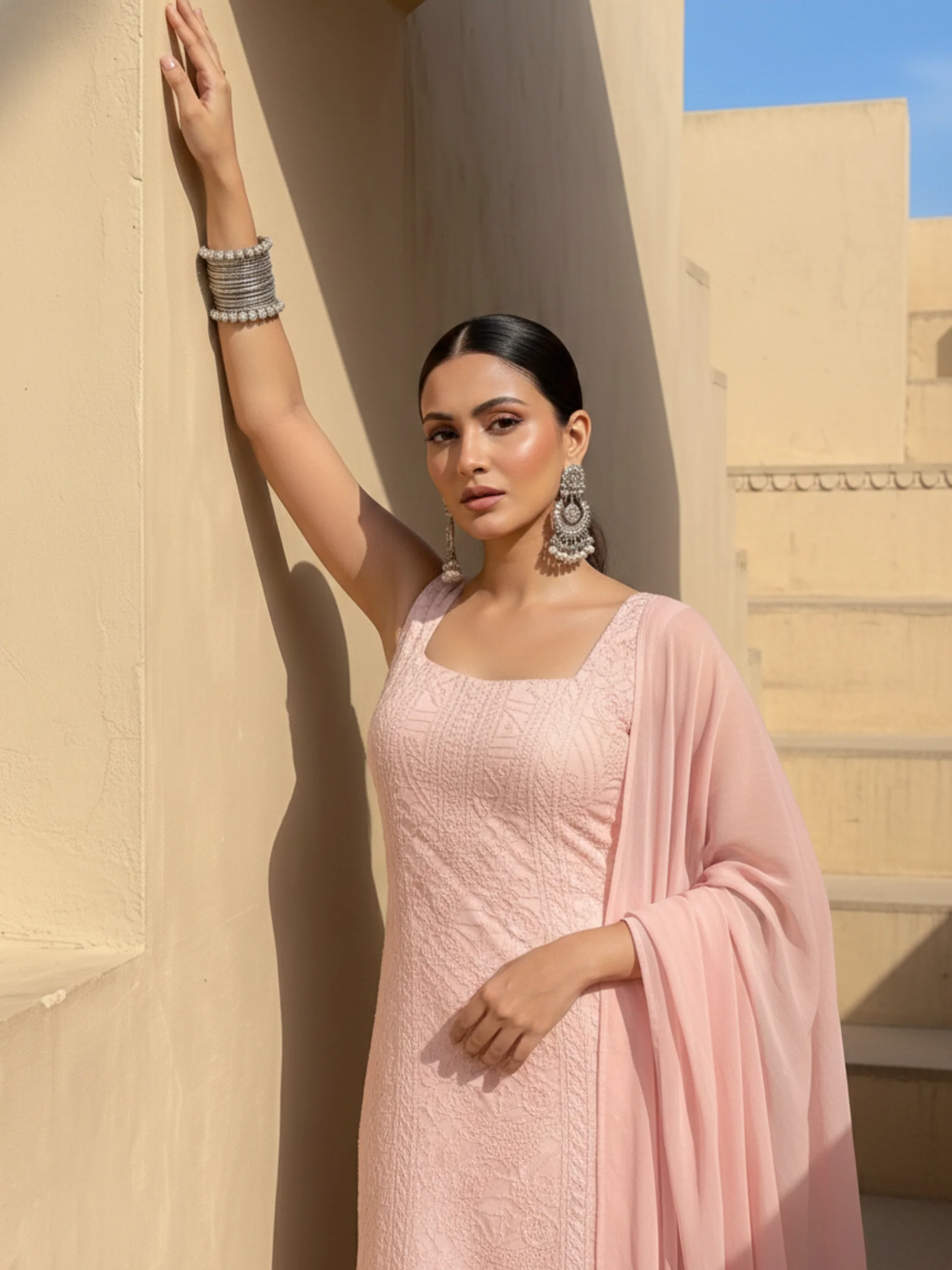 Petal Pink Chikankari Square Neck Kurta-Set - Image 3