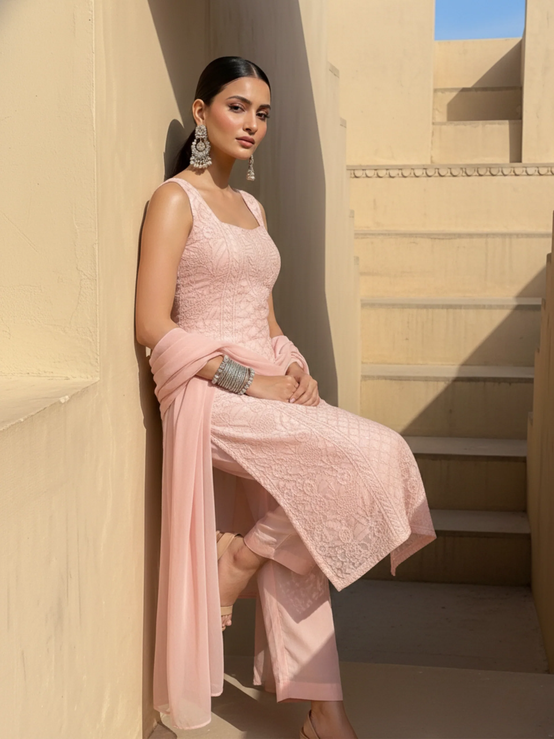 Petal Pink Chikankari Square Neck Kurta-Set - Image 4