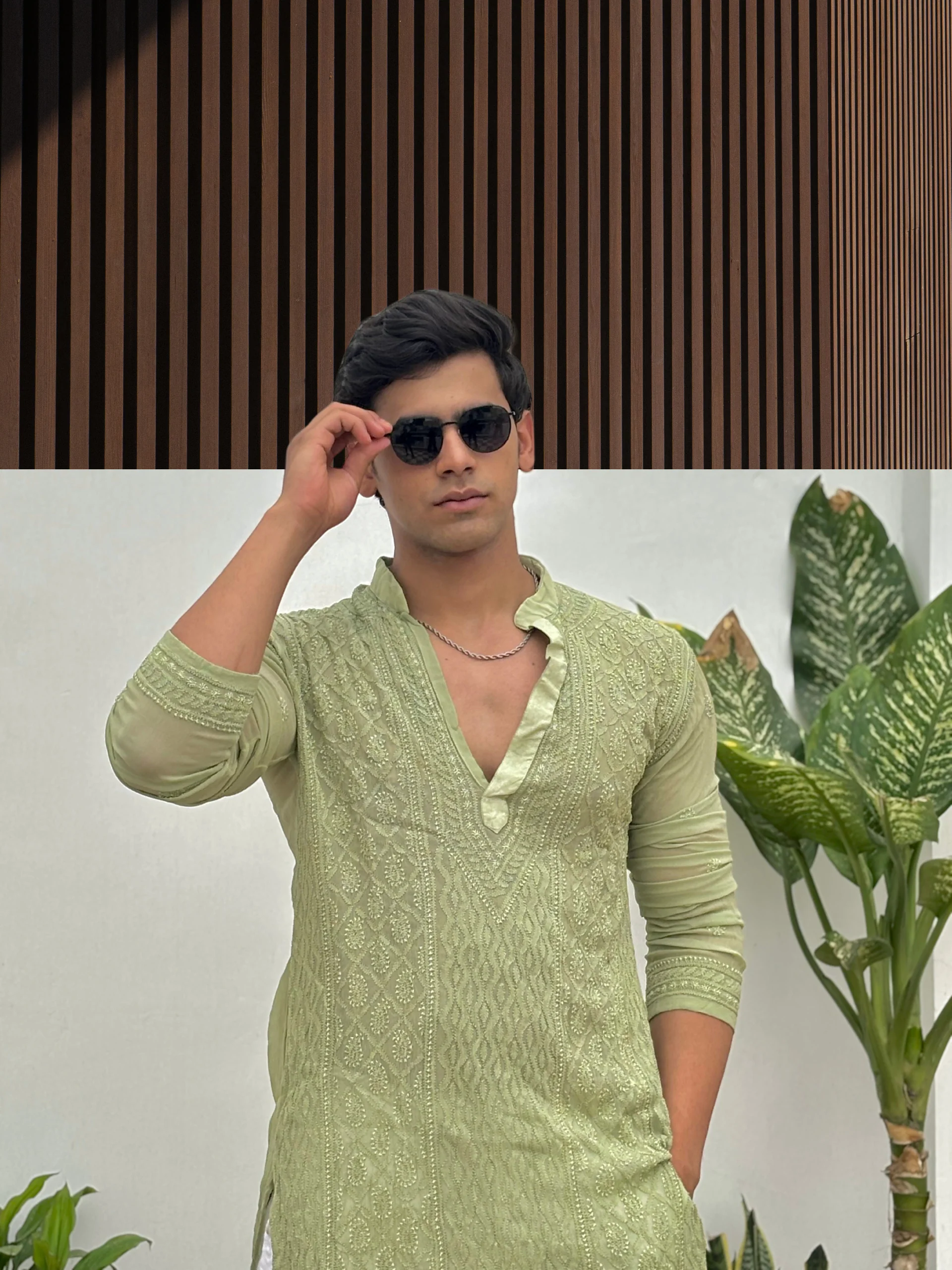 Pistachio Dusk Mens Chikankari Hand-embroidered Kurta - Image 3