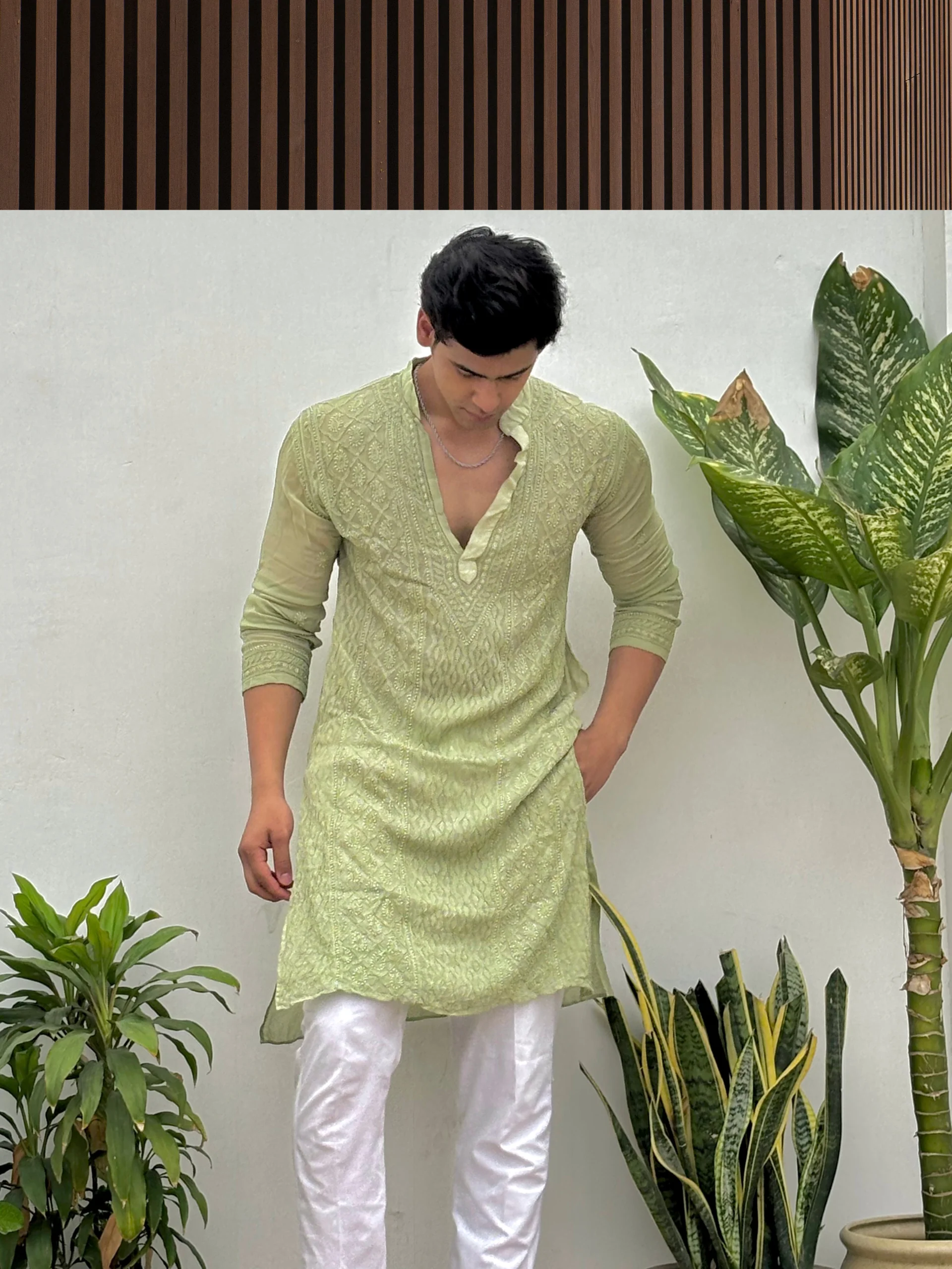 Pistachio Dusk Mens Chikankari Hand-embroidered Kurta - Image 4