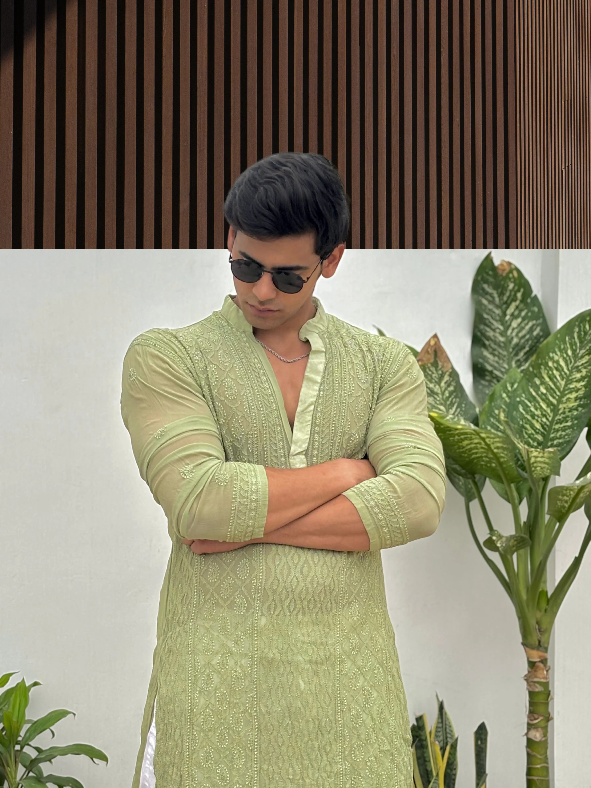 Pistachio Dusk Mens Chikankari Hand-embroidered Kurta - Image 5