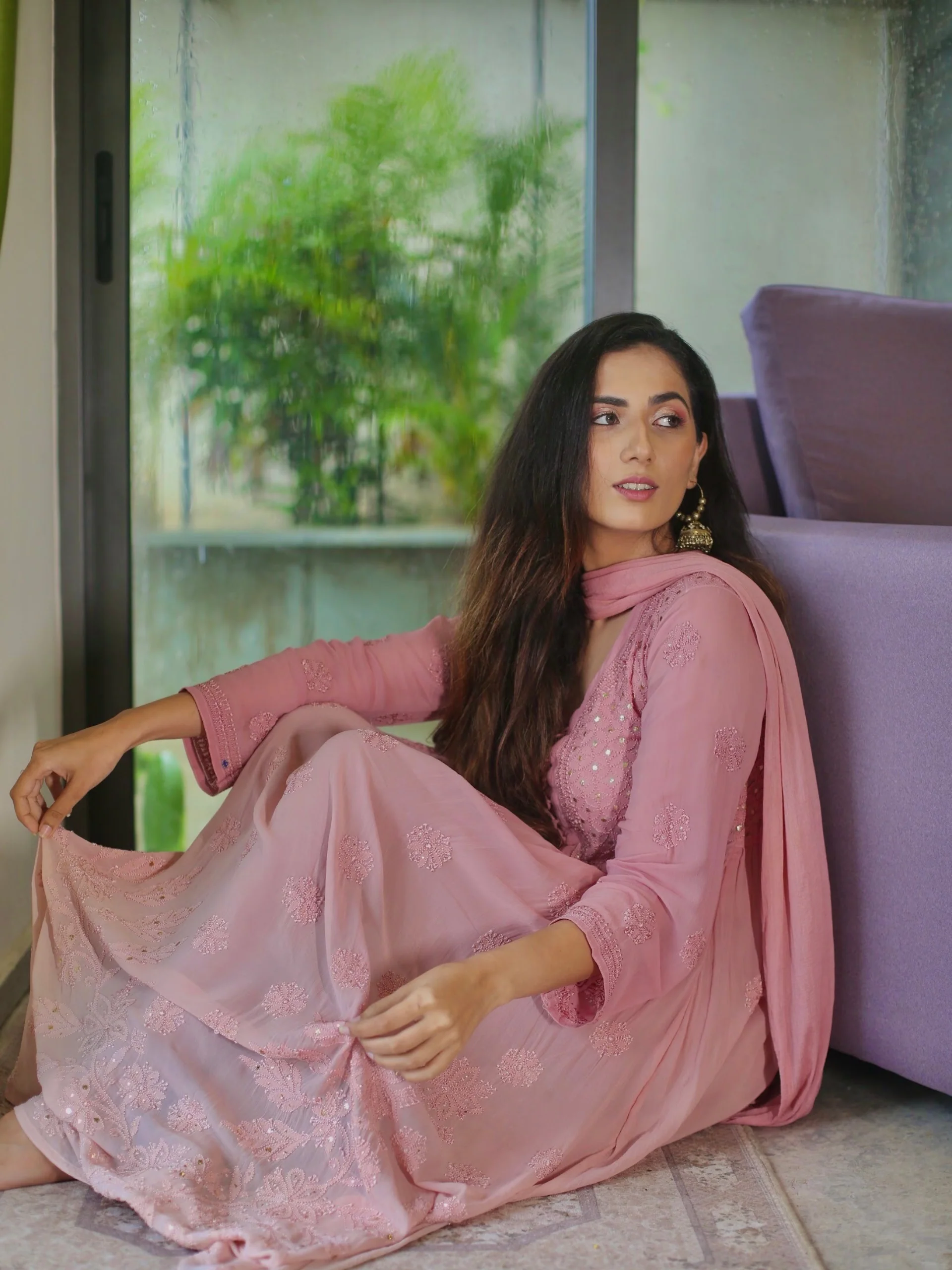 Rose Gold Chikankari Anarkali Set (Set of 3) - Image 10