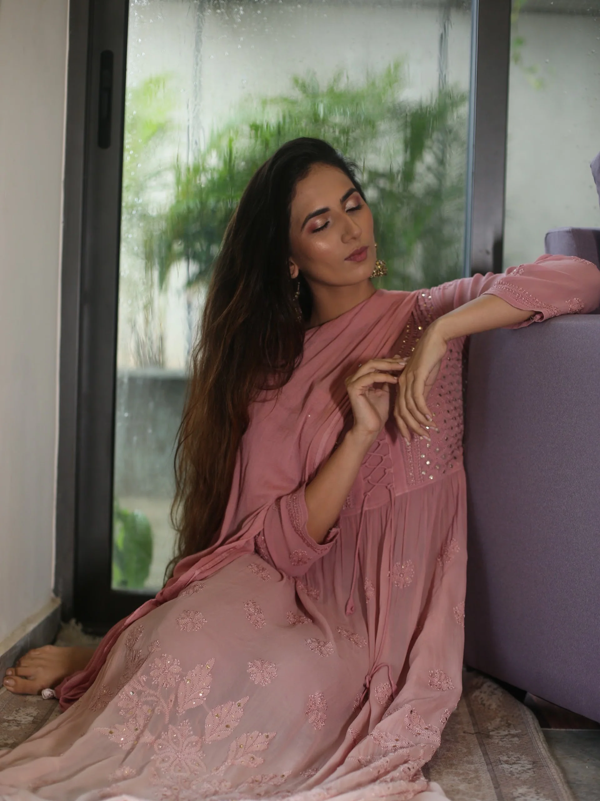 Rose Gold Chikankari Anarkali Set (Set of 3) - Image 11