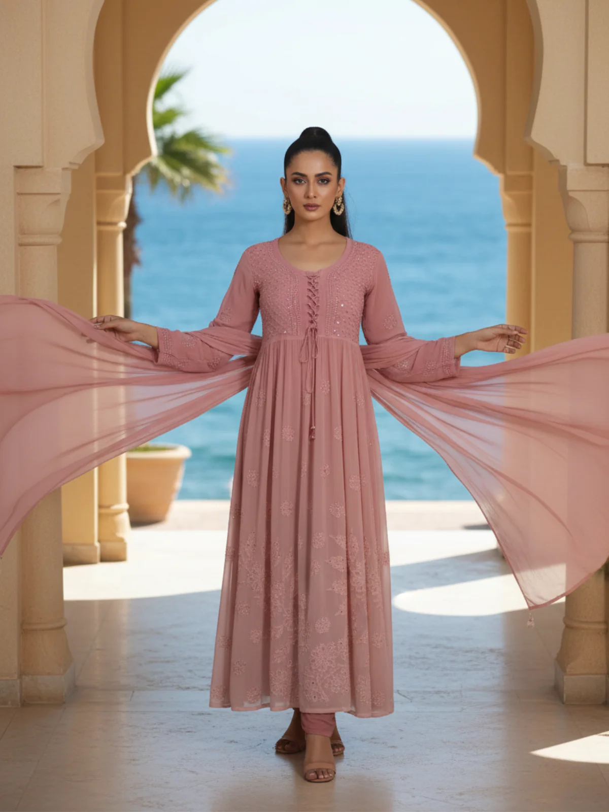 Rose Gold Chikankari Anarkali Set (Set of 3) - Image 3