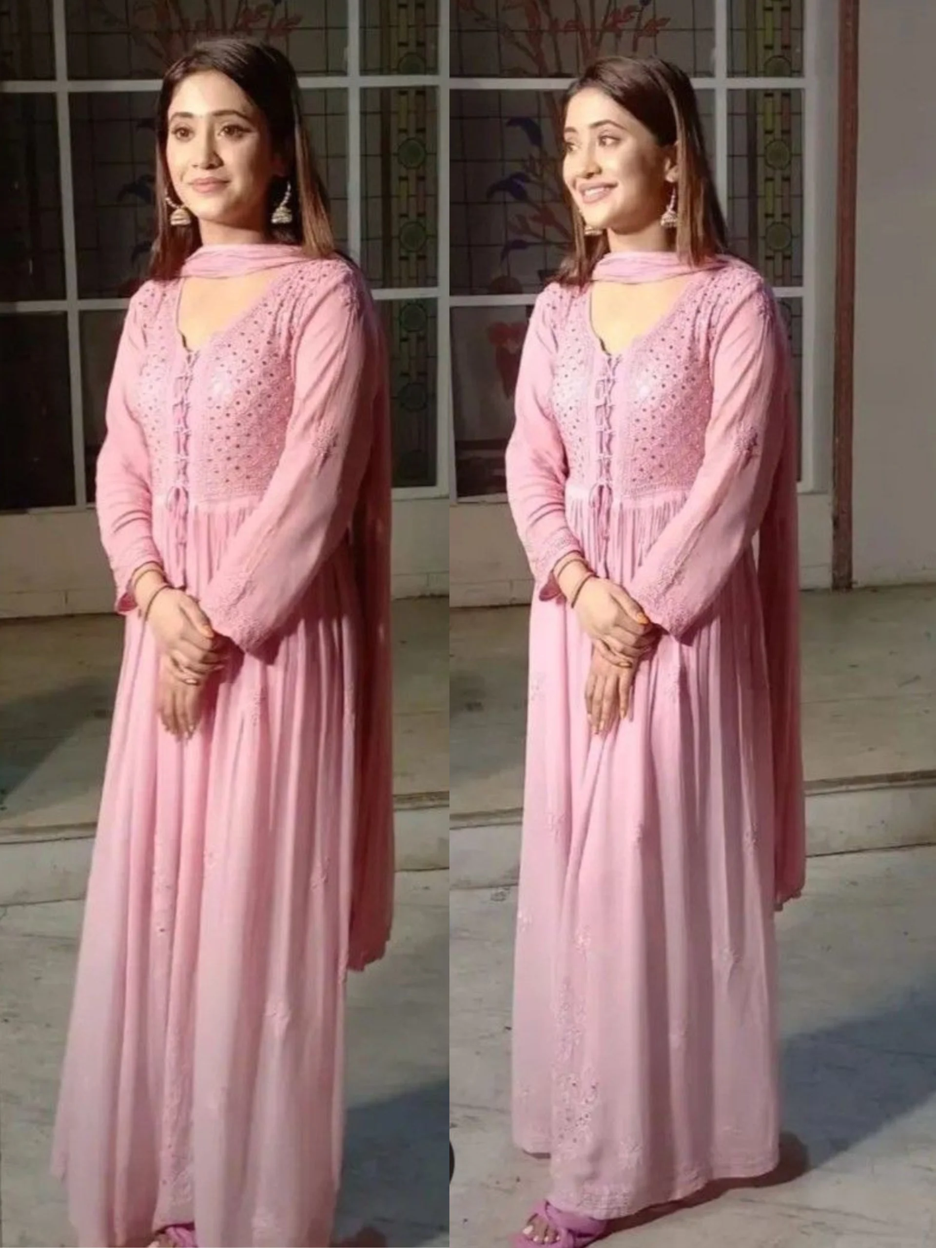 Rose Gold Chikankari Anarkali Set (Set of 3) - Image 4