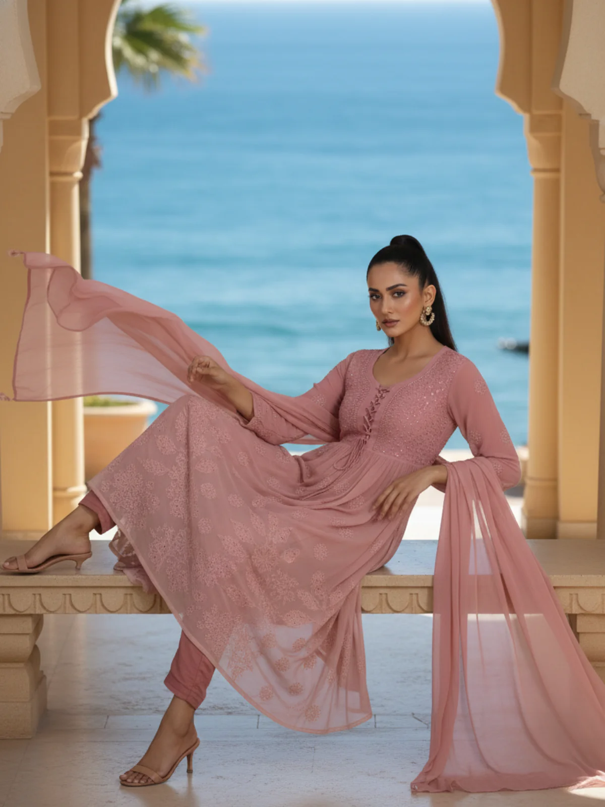 Rose Gold Chikankari Anarkali Set (Set of 3) - Image 5