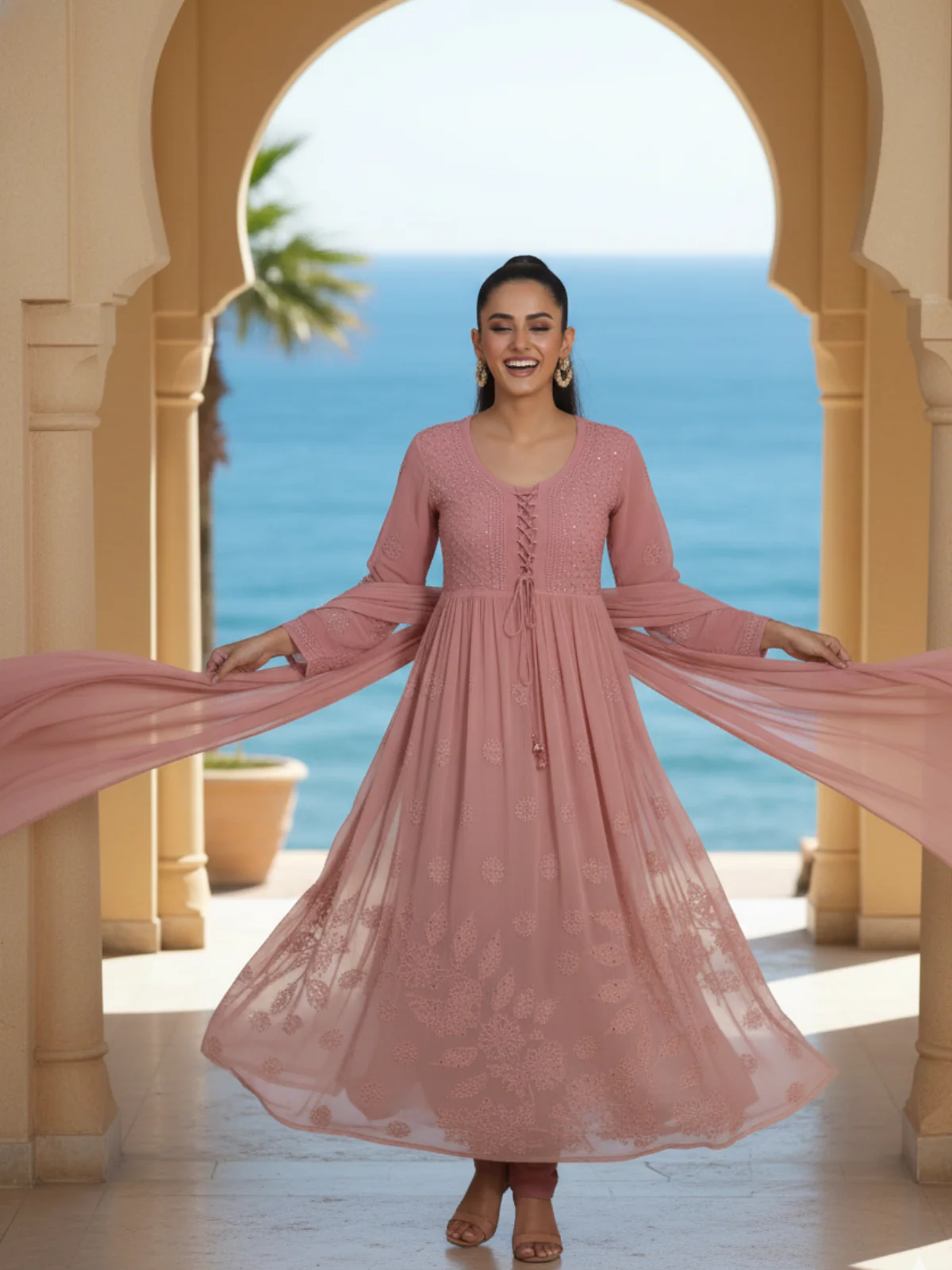 Rose Gold Chikankari Anarkali Set (Set of 3) - Image 6