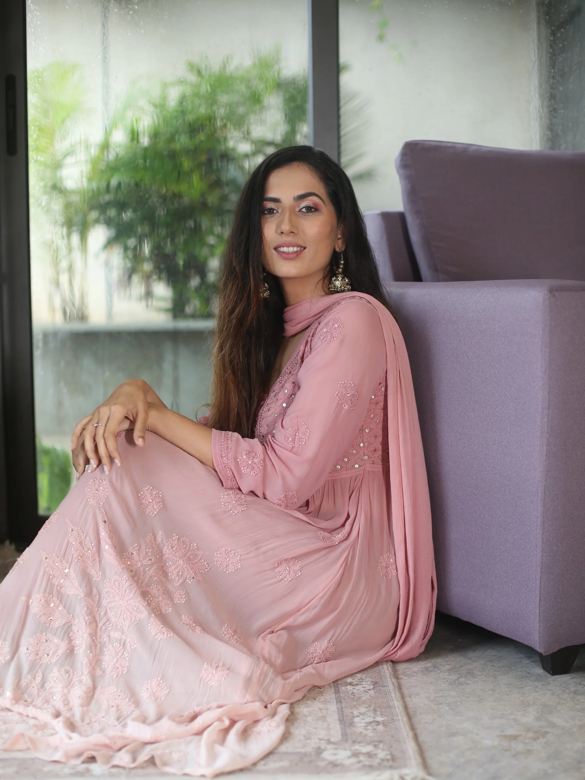 Rose Gold Chikankari Anarkali Set (Set of 3) - Image 9