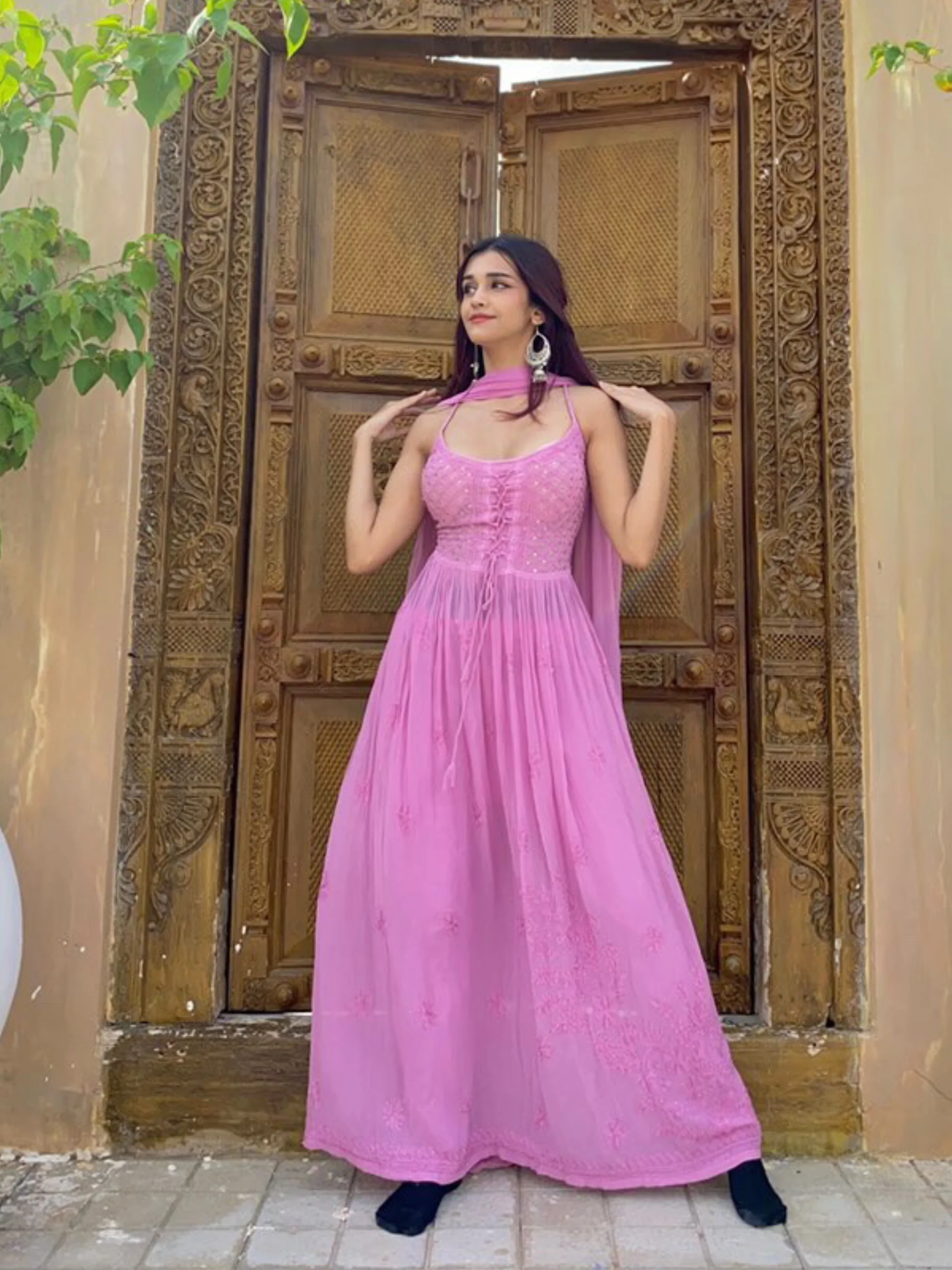 Rose Mauve Strappy Chikankari Anarkali Set - Image 10