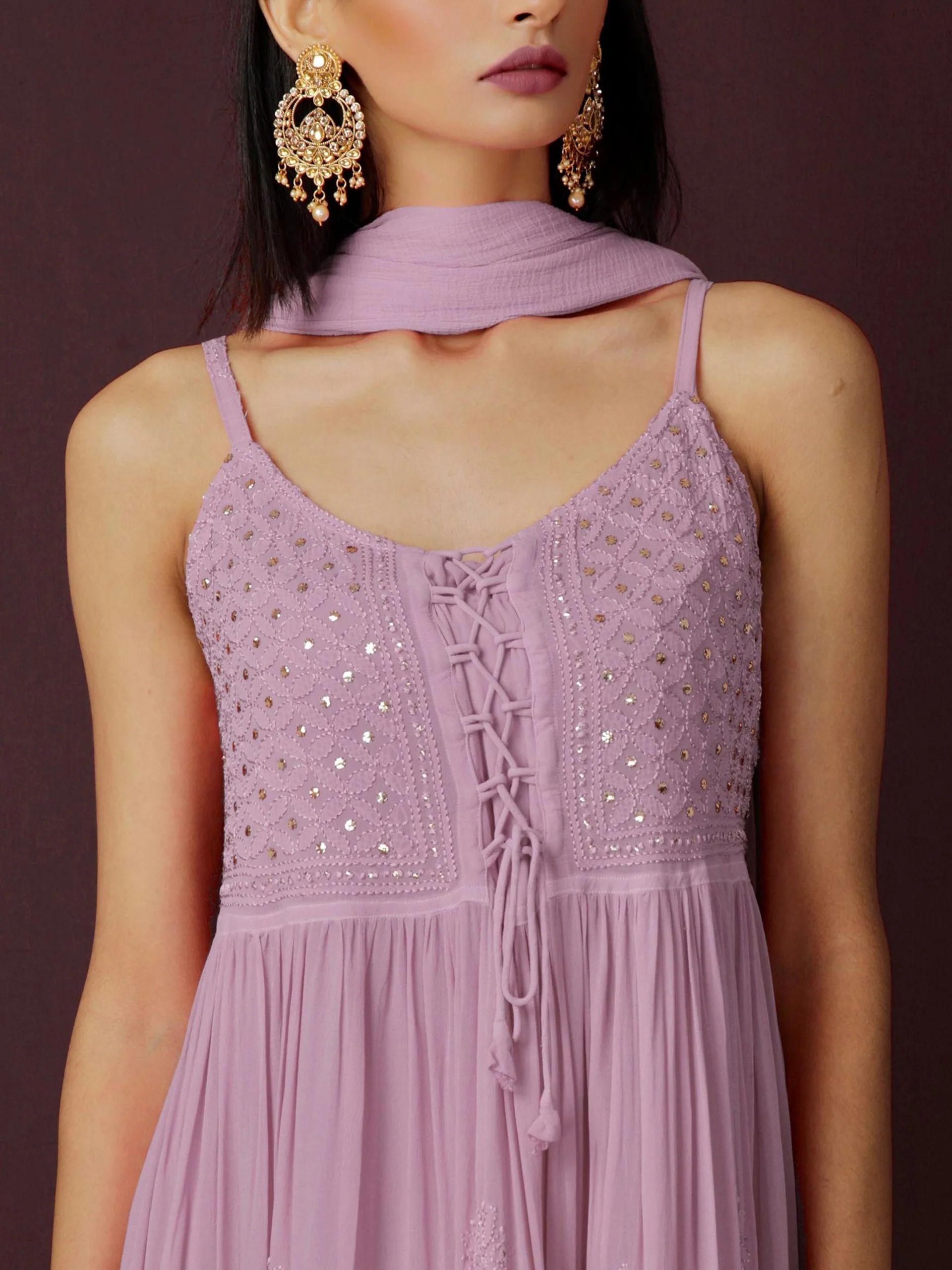 Rose Mauve Strappy Chikankari Anarkali Set - Image 11