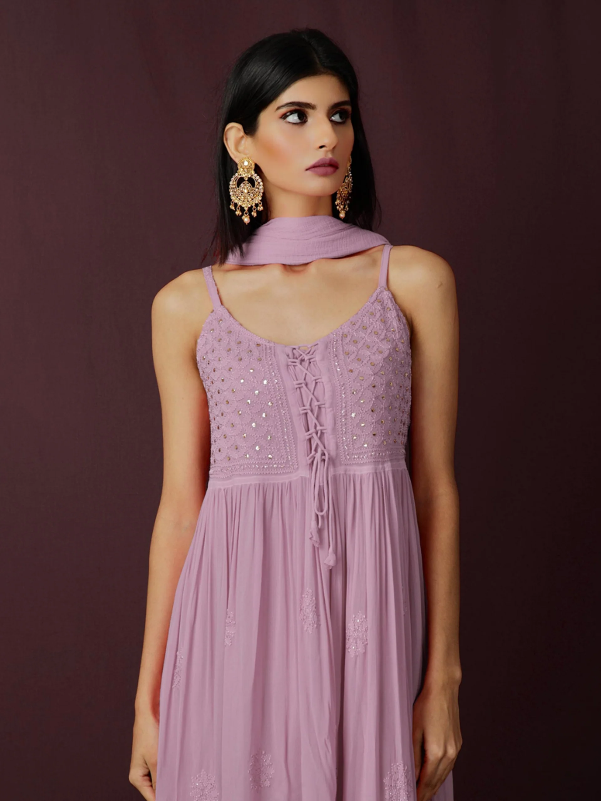 Rose Mauve Strappy Chikankari Anarkali Set - Image 4