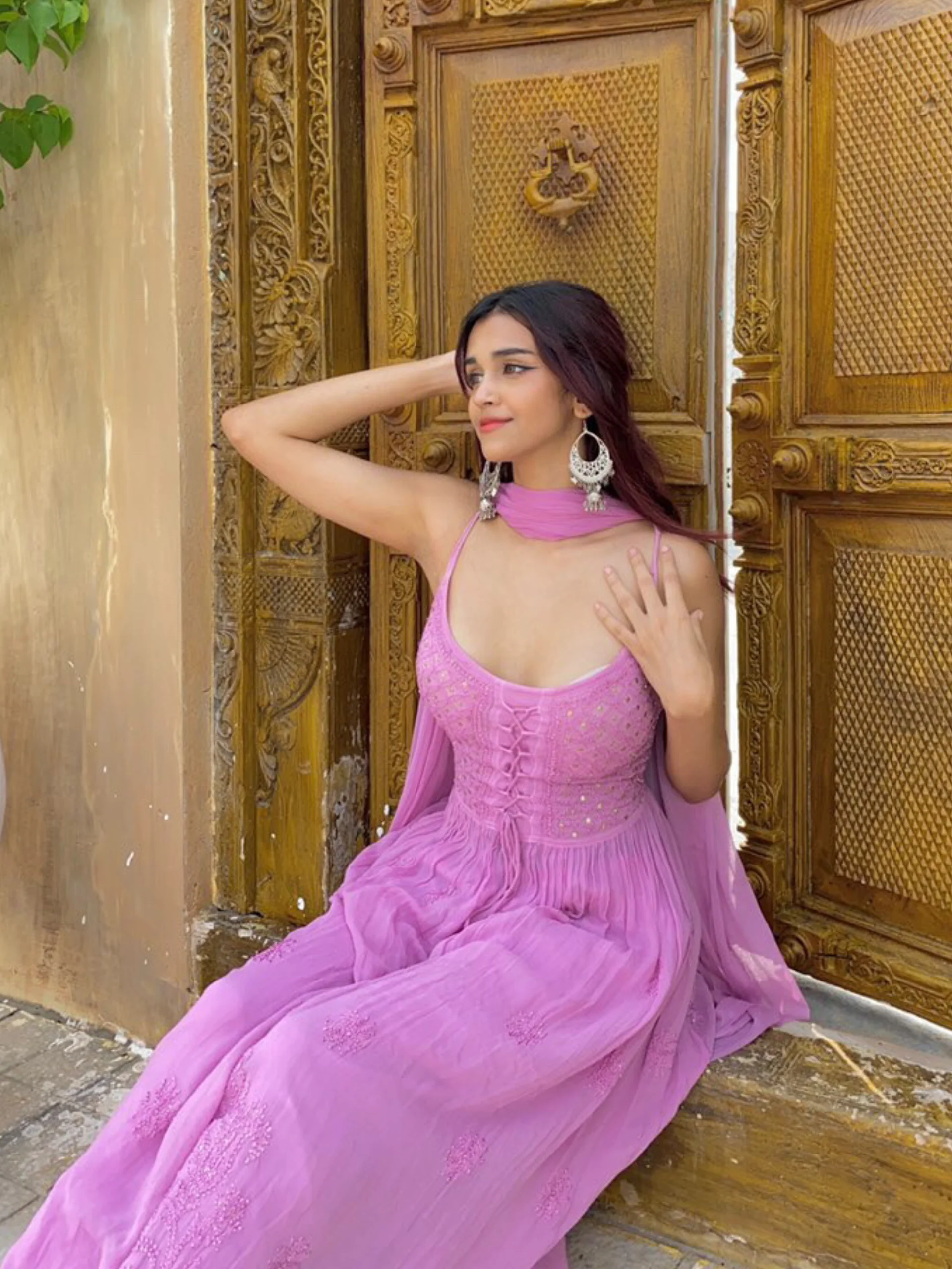 Rose Mauve Strappy Chikankari Anarkali Set - Image 5