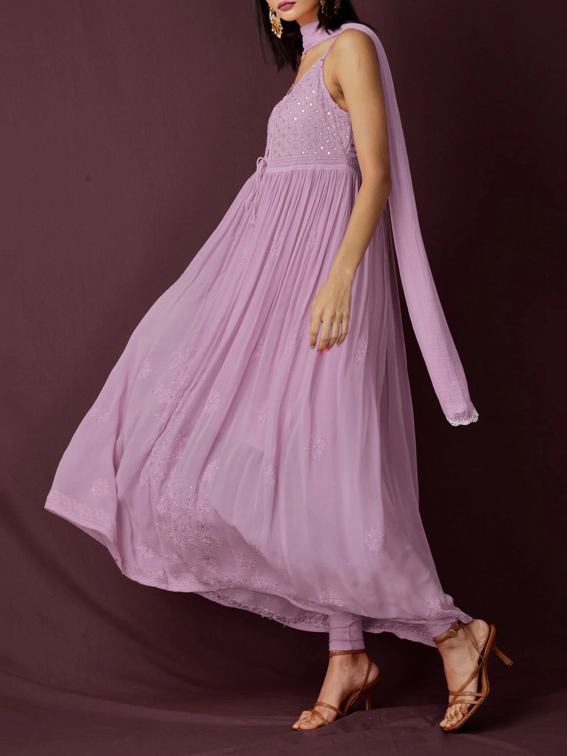 Rose Mauve Strappy Chikankari Anarkali Set - Image 6