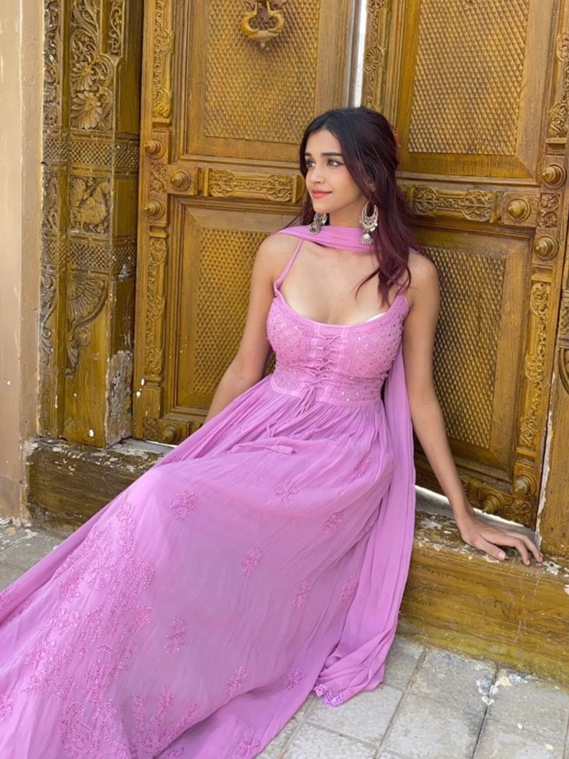 Rose Mauve Strappy Chikankari Anarkali Set - Image 7