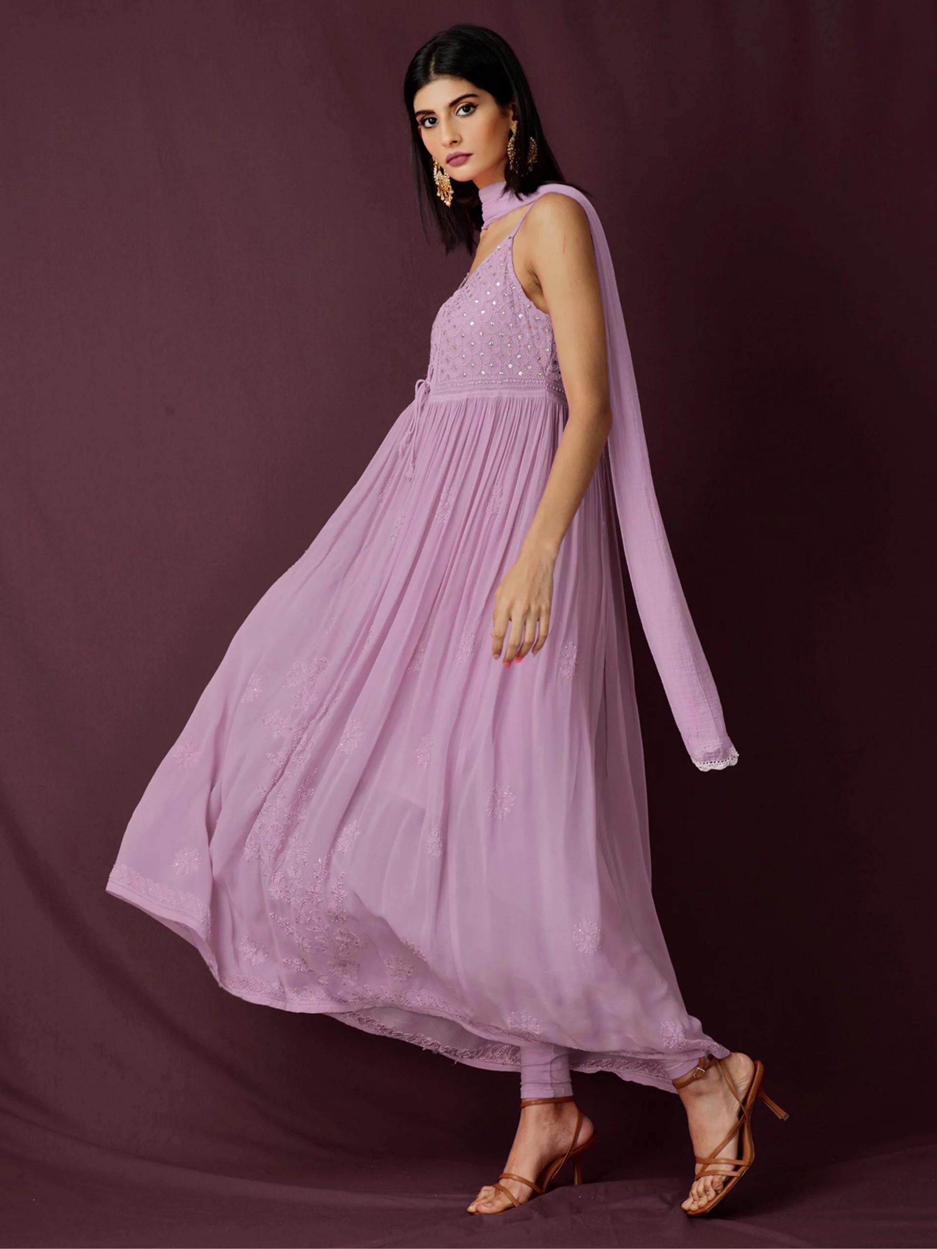 Rose Mauve Strappy Chikankari Anarkali Set - Image 9