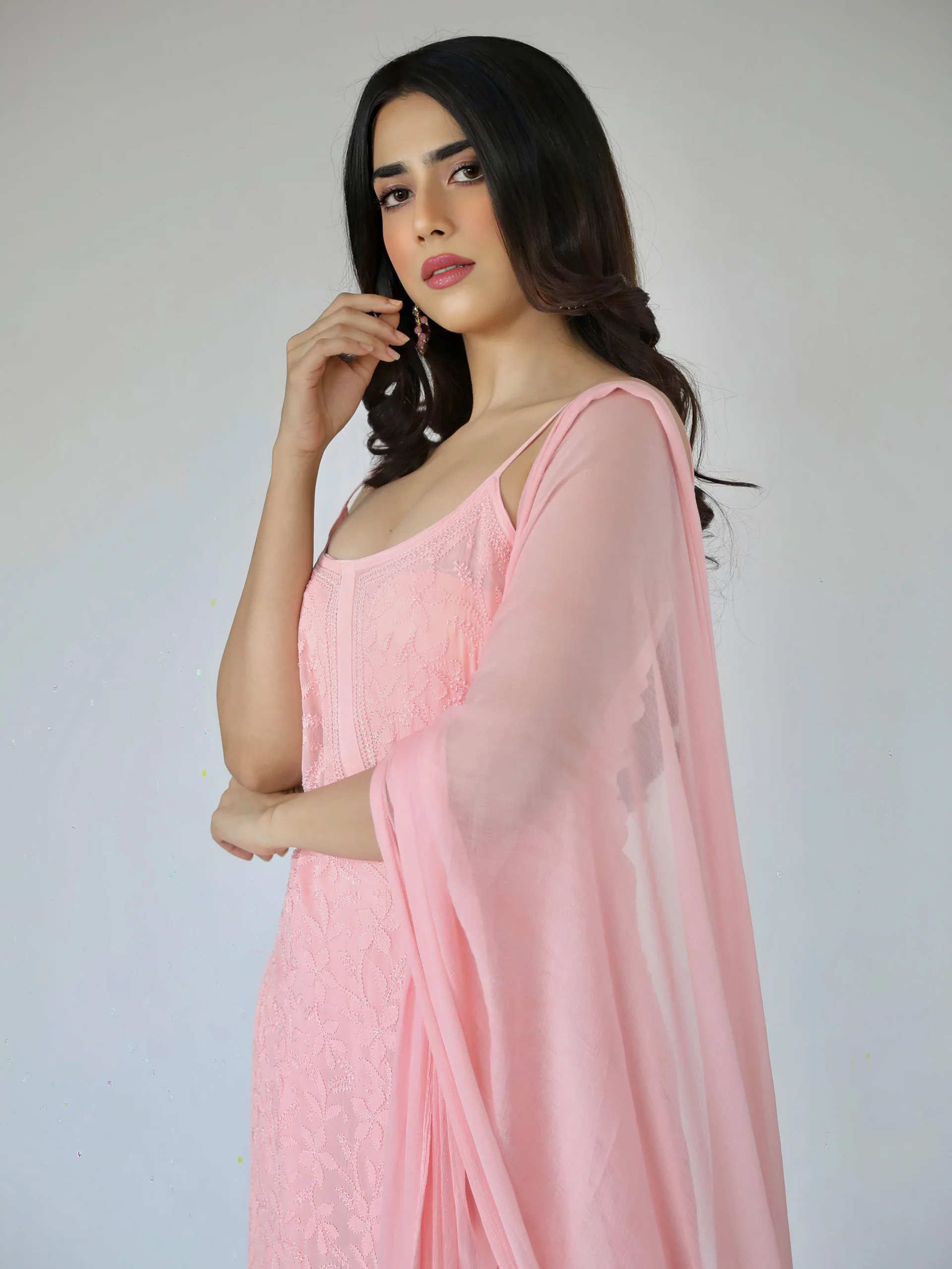 Rose Pink Strappy Kurta Set (Set of 3) - Image 3