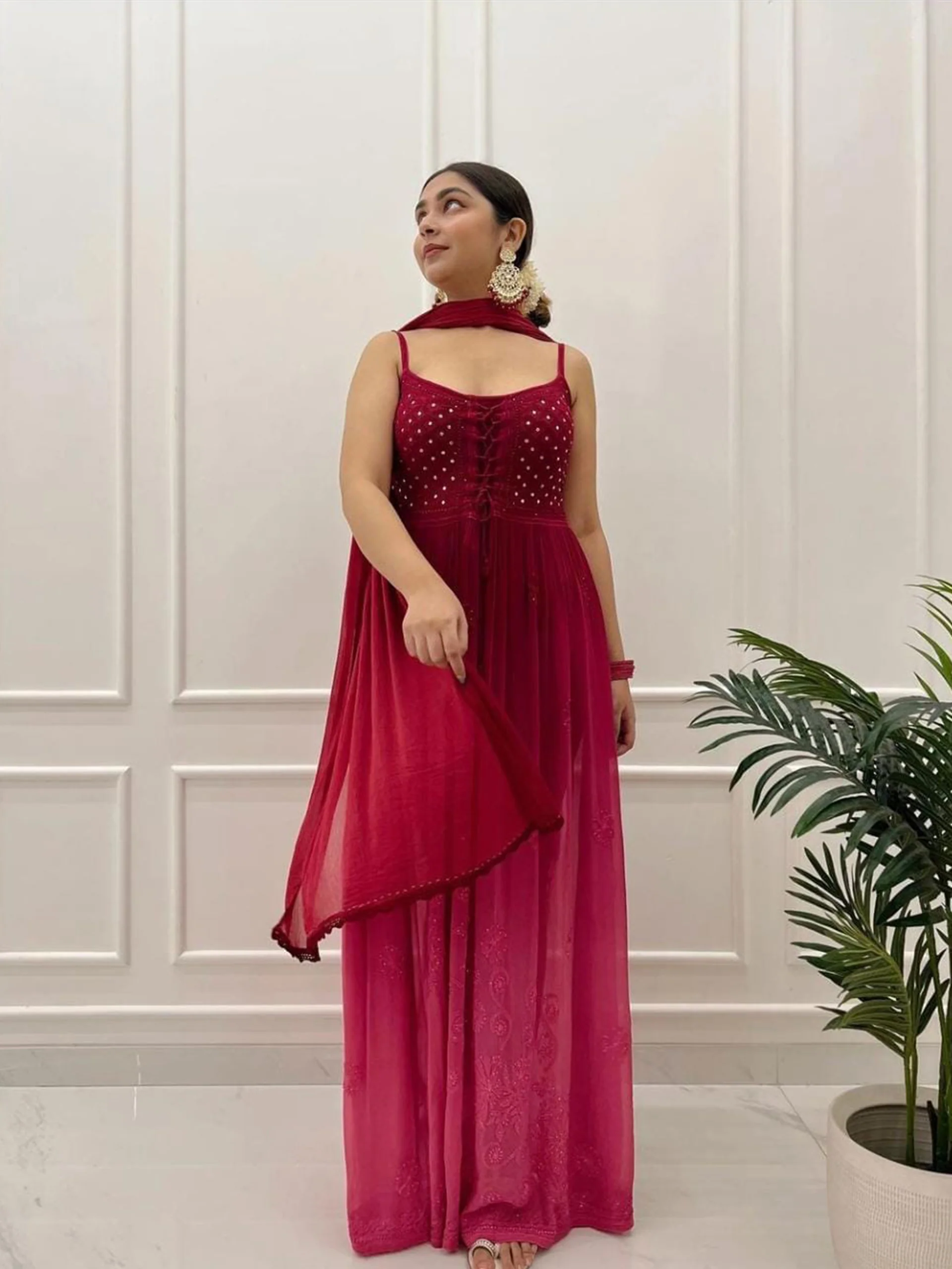 Russian Pink Flared Anarkali Chikankari Kurta Set - Image 4