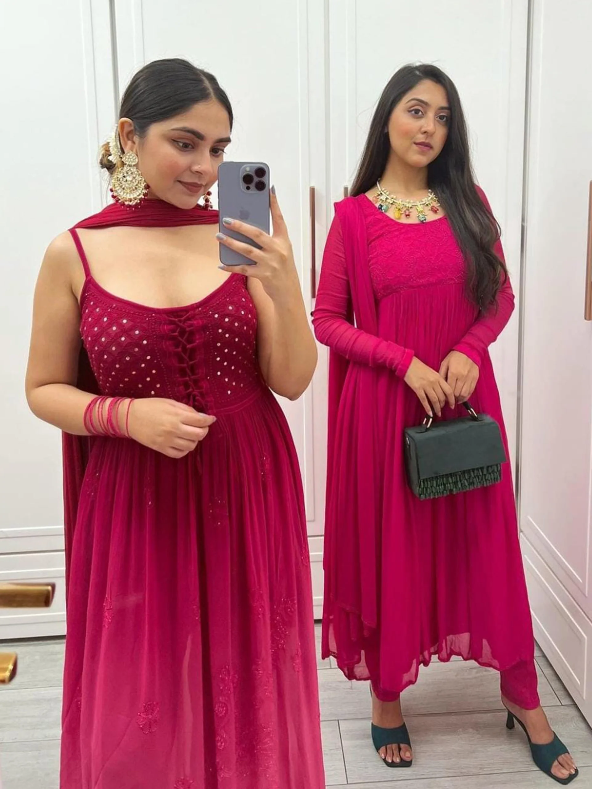 Russian Pink Flared Anarkali Chikankari Kurta Set - Image 5