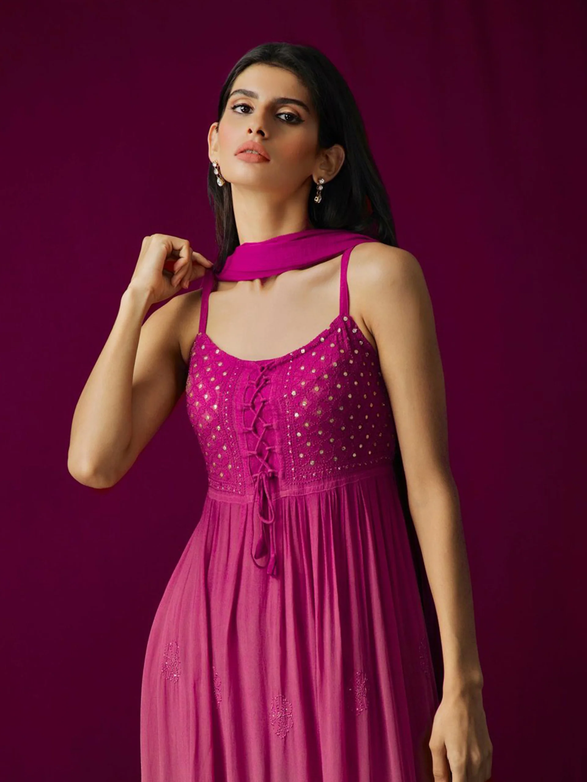 Russian Pink Flared Anarkali Chikankari Kurta Set - Image 6